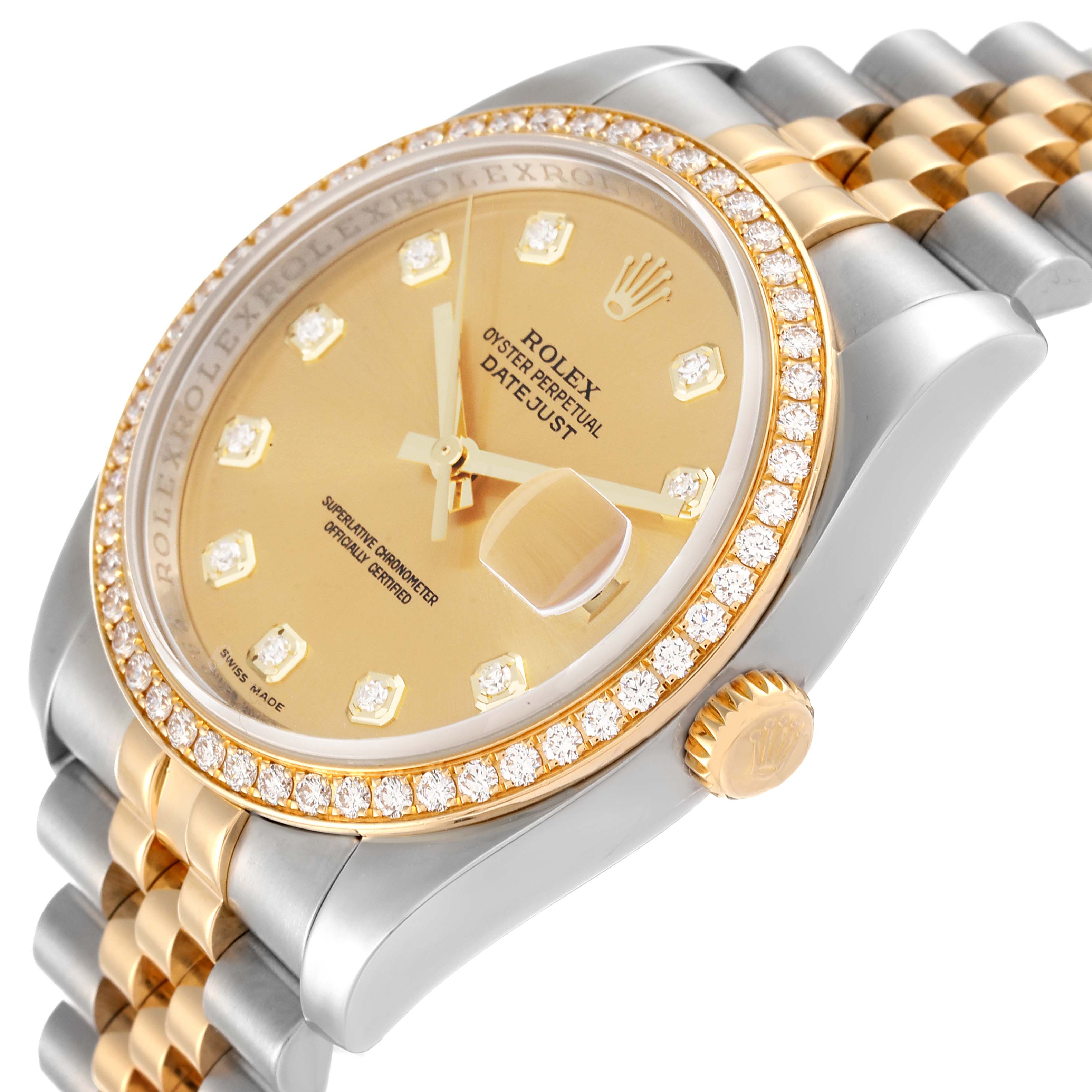 The Rolex Datejust 116243 Men's Steel and Gold (two tone) Champagne Dial 116243 Men's Steel and Gold (two tone) Champagne Dial watch is shown at a close angle, highlighting its gold dial, diamond bezel, date window, and two-tone bracelet.