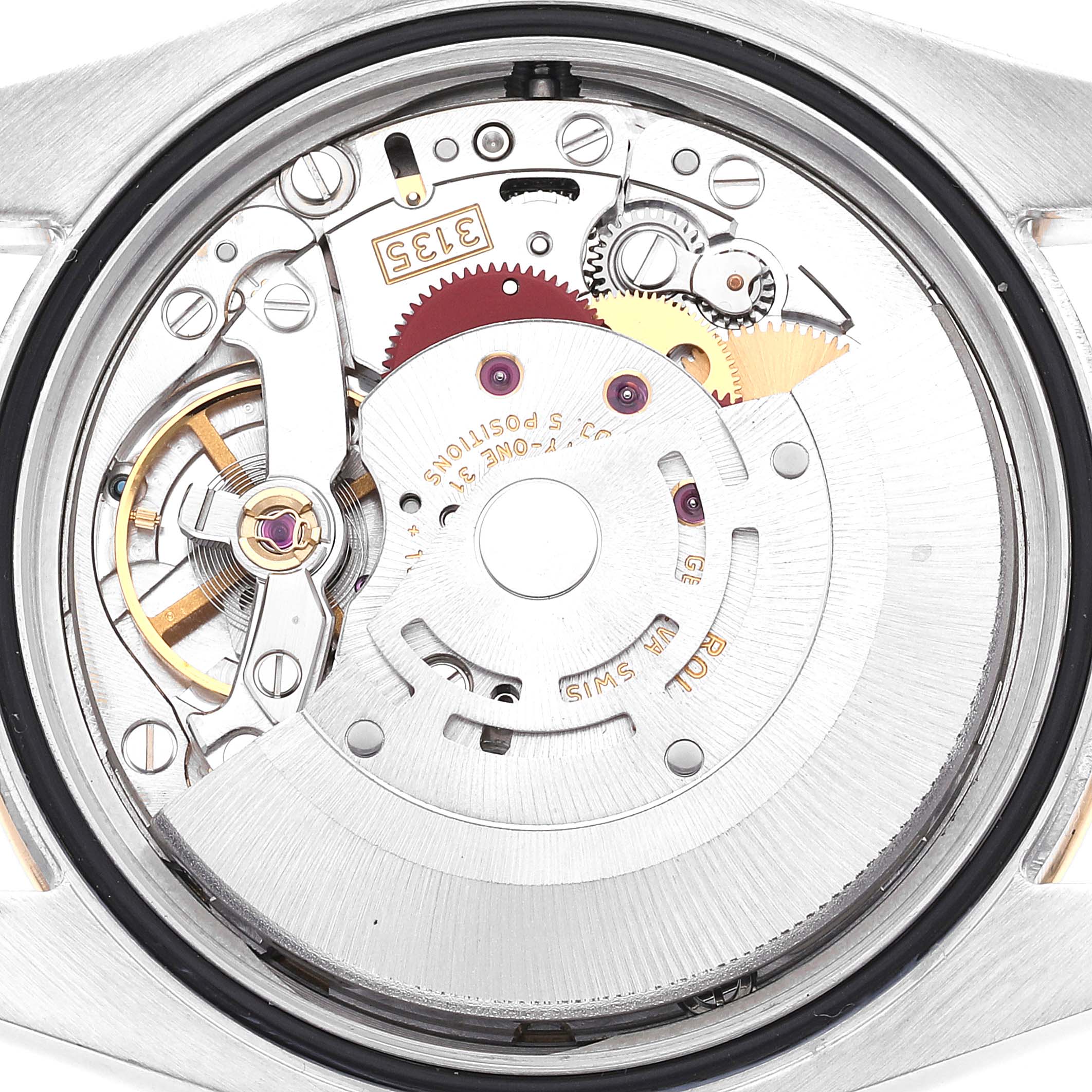 This image shows the back view of the movement inside a Rolex Datejust 116243 Men's Steel and Gold (two tone) Champagne Dial 116243 Men's Steel and Gold (two tone) Champagne Dial watch, revealing its intricate internal mechanisms.