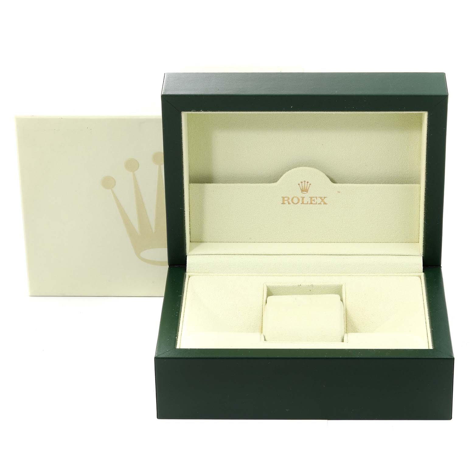 The image shows a green and beige Rolex Datejust 116243 Men's Steel and Gold (two tone) Champagne Dial 116243 Men's Steel and Gold (two tone) Champagne Dial watch box with the lid open, revealing the interior cushion and compartments.