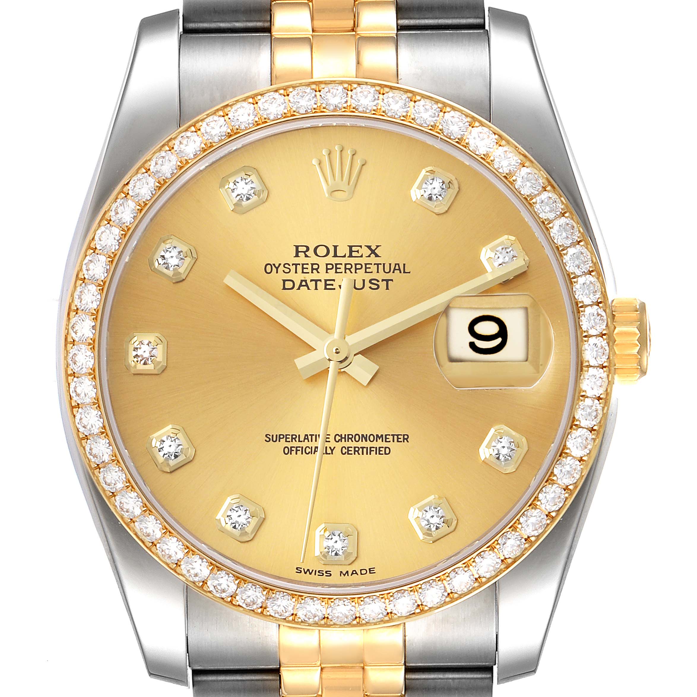 This image shows a Rolex Datejust 116243 Men's Steel and Gold (two tone) Champagne Dial 116243 Men's Steel and Gold (two tone) Champagne Dial watch from the front, highlighting the bezel, dial, hour markers, hands, and part of the bracelet.