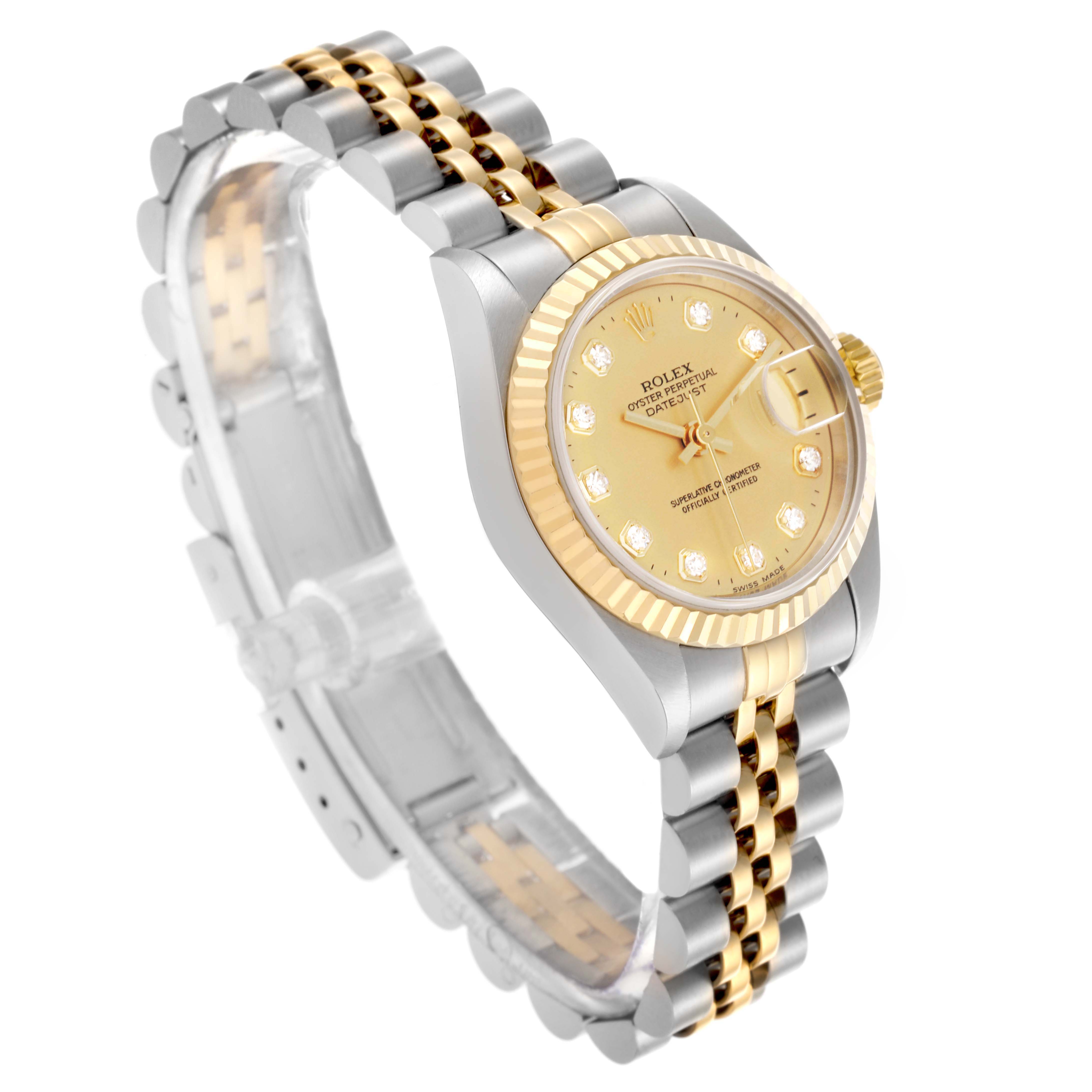 The Rolex Datejust 69173 Women's Steel and Gold (two tone) Champagne Dial 69173 Women's Steel and Gold (two tone) Champagne Dial watch is shown at an angle highlighting its face, bezel, and two-tone bracelet.
