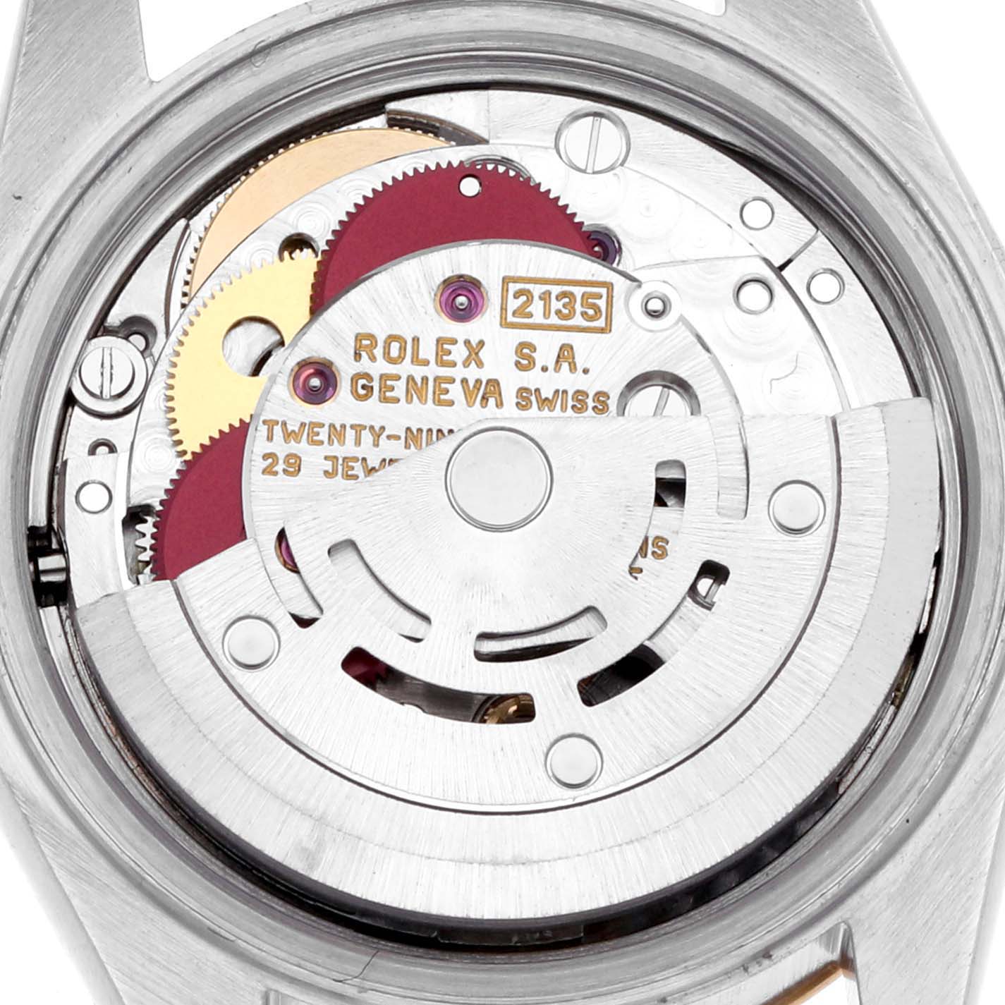 The image shows the movement mechanism of a Rolex Datejust 69173 Women's Steel and Gold (two tone) Champagne Dial 69173 Women's Steel and Gold (two tone) Champagne Dial watch from a top-down angle.