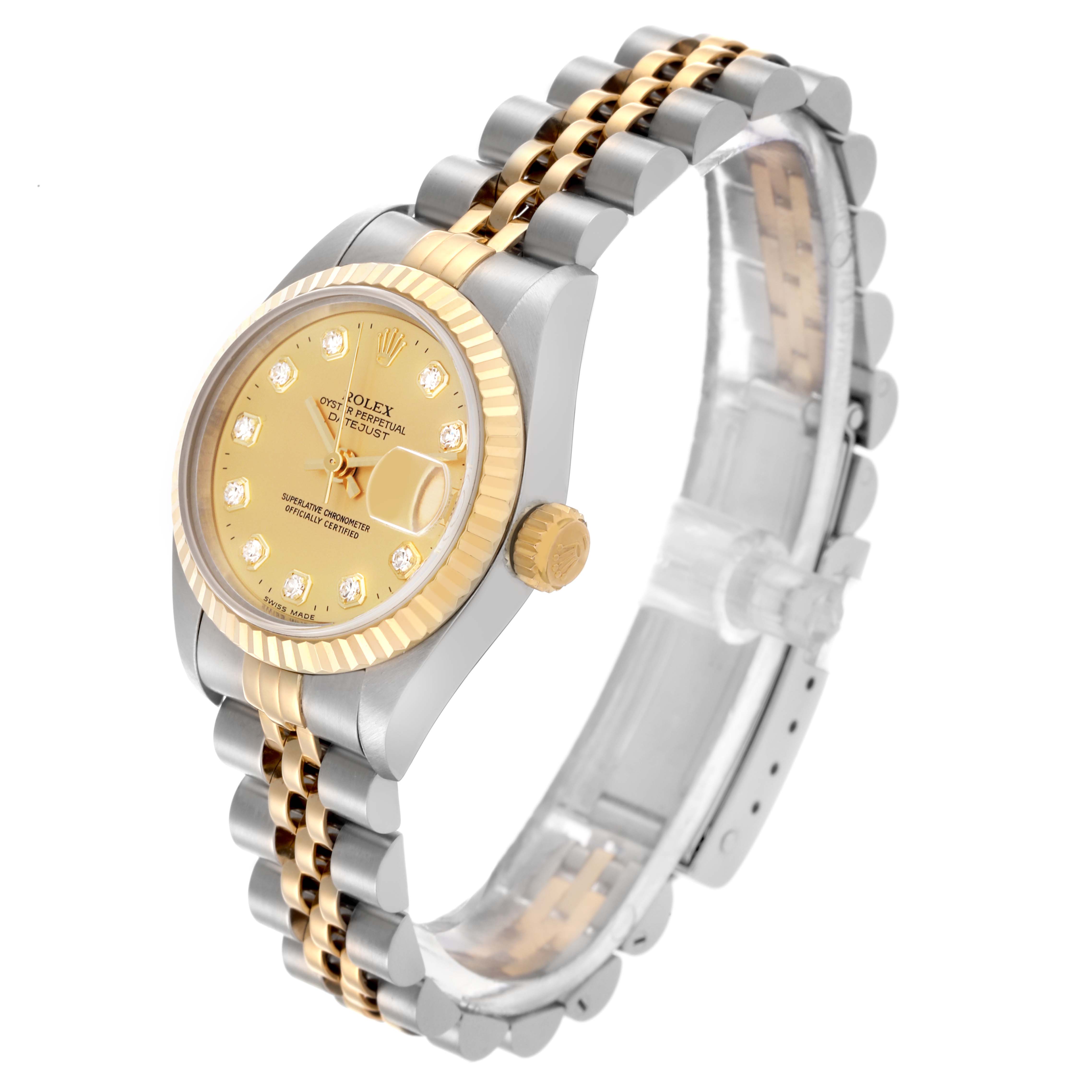The Rolex Datejust 69173 Women's Steel and Gold (two tone) Champagne Dial 69173 Women's Steel and Gold (two tone) Champagne Dial watch is shown at an angle highlighting the dial, bezel, crown, and two-tone bracelet.