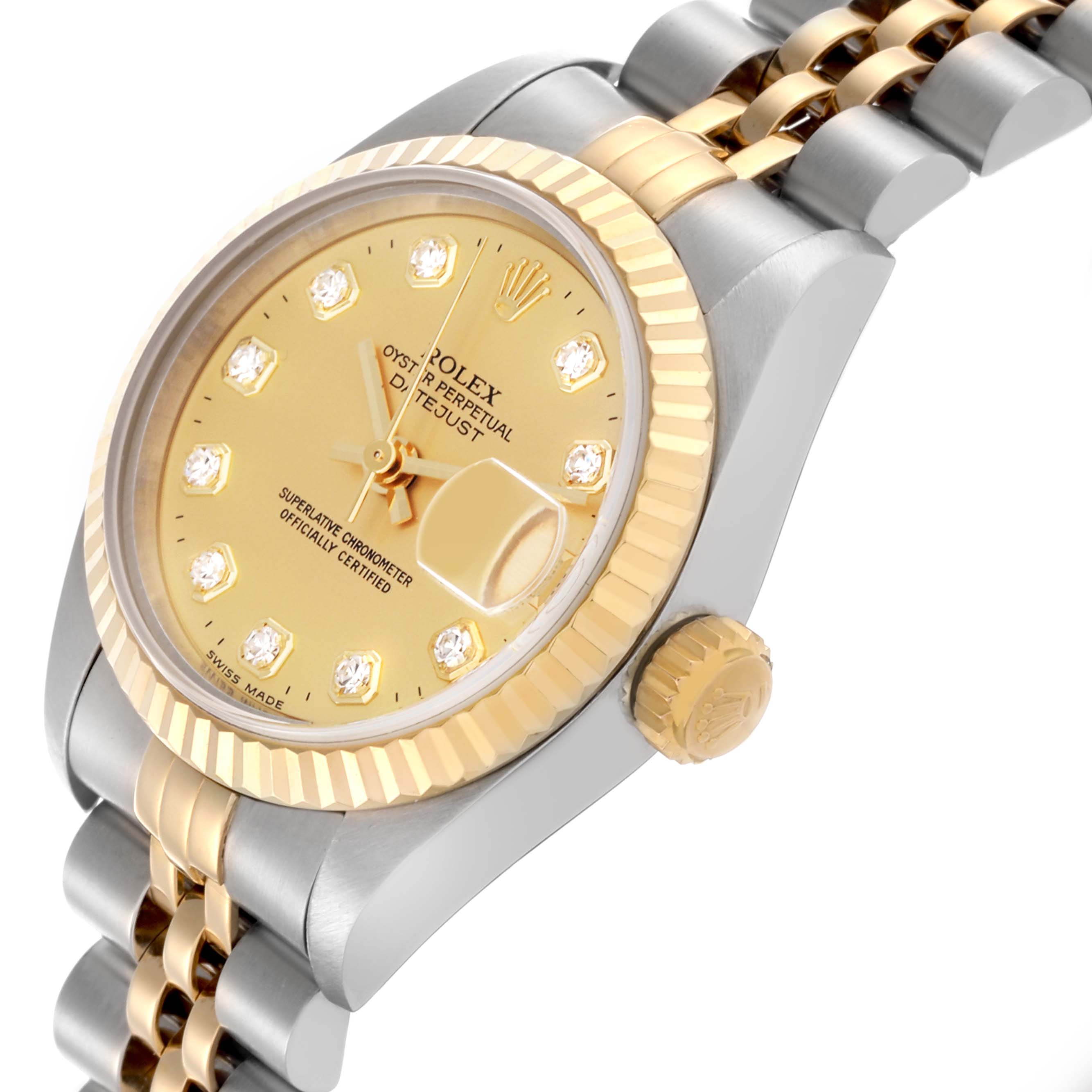 The Rolex Datejust 69173 Women's Steel and Gold (two tone) Champagne Dial 69173 Women's Steel and Gold (two tone) Champagne Dial watch is shown at a side angle, highlighting the gold dial, bezel, crown, and two-tone bracelet.