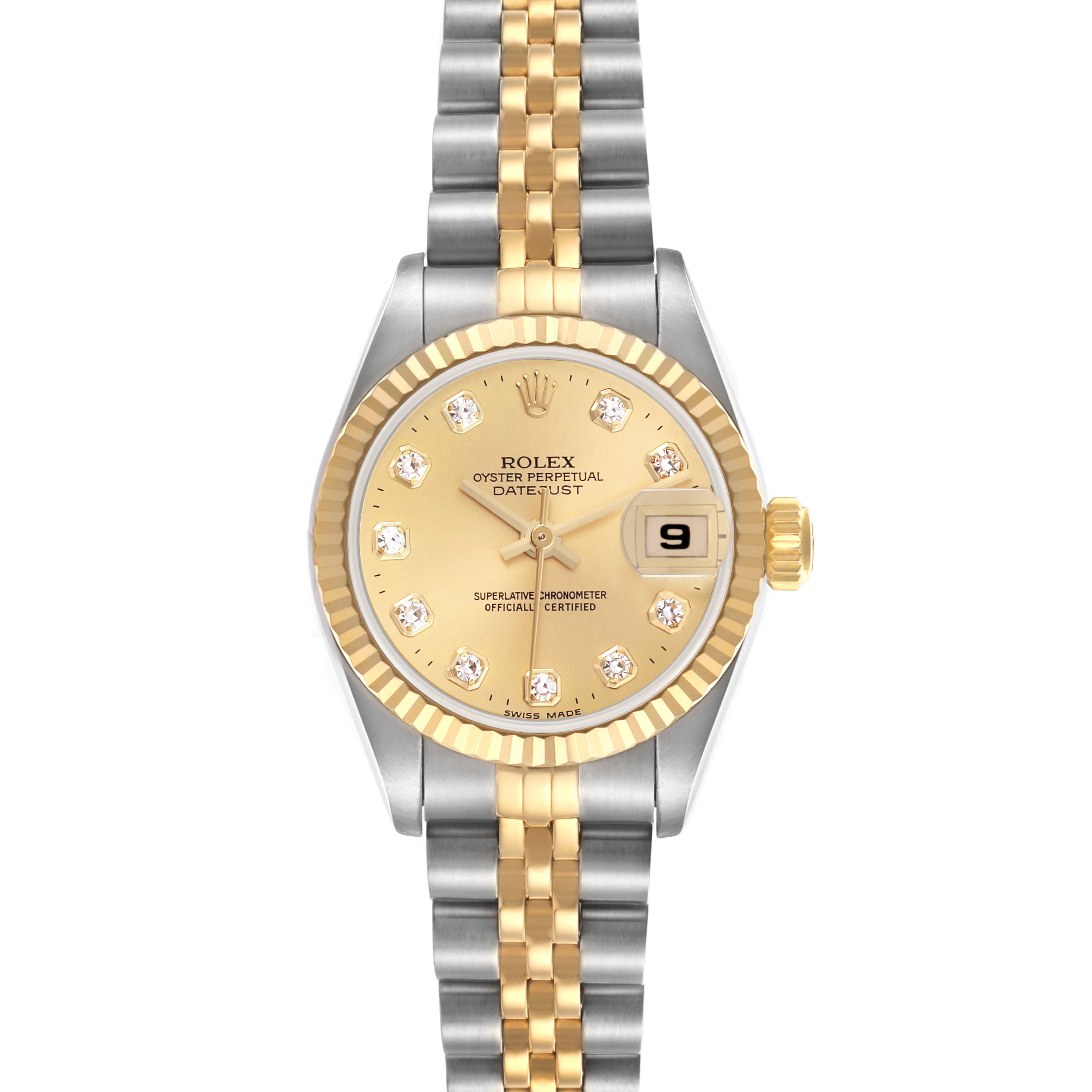 This Rolex Datejust 69173 Women's Steel and Gold (two tone) Champagne Dial 69173 Women's Steel and Gold (two tone) Champagne Dial watch is shown from the front, displaying the dial, bezel, crown, and two-tone Jubilee bracelet.