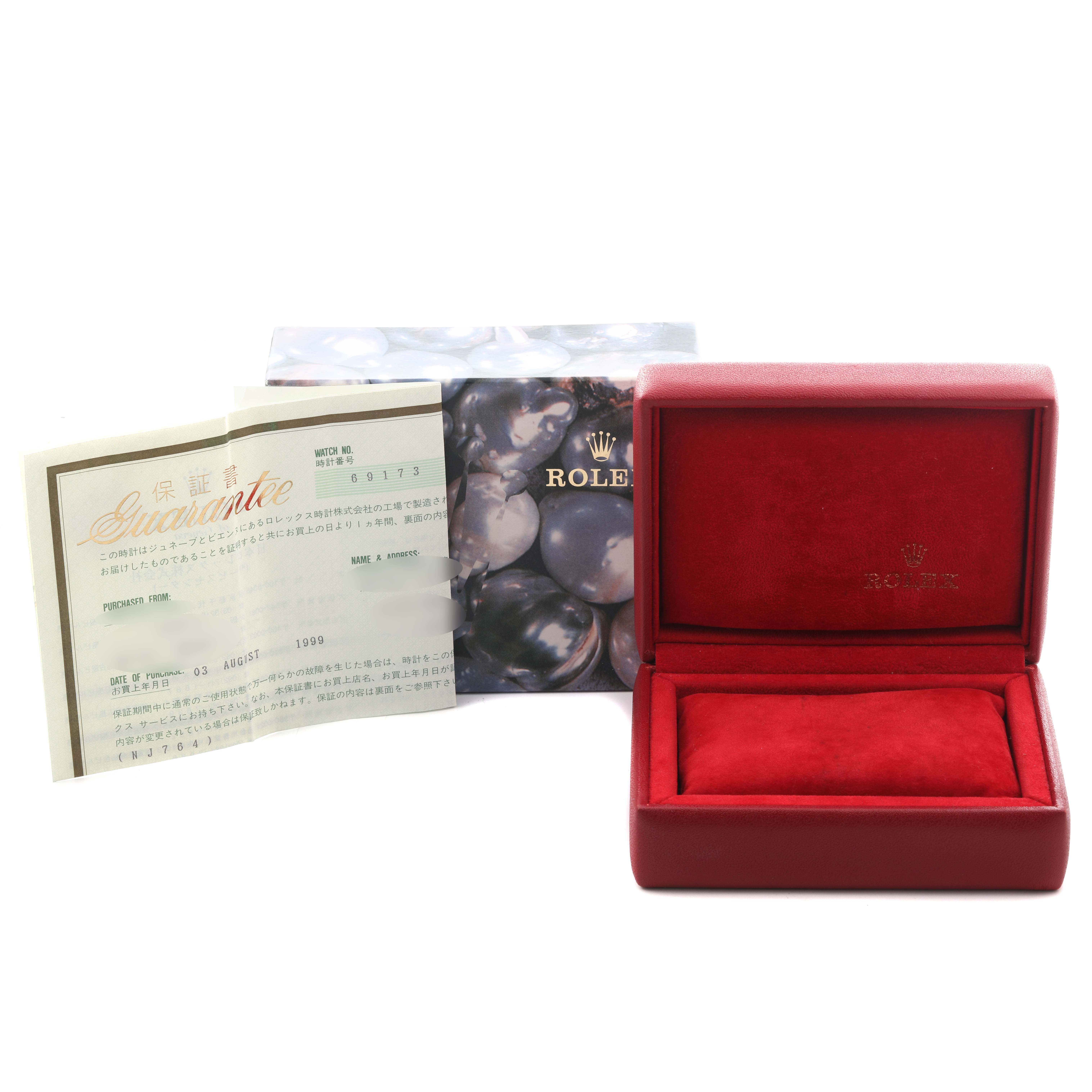 The image shows a Rolex Datejust 69173 Women's Steel and Gold (two tone) Champagne Dial 69173 Women's Steel and Gold (two tone) Champagne Dial box, warranty certificate, and outer packaging from a front angle.