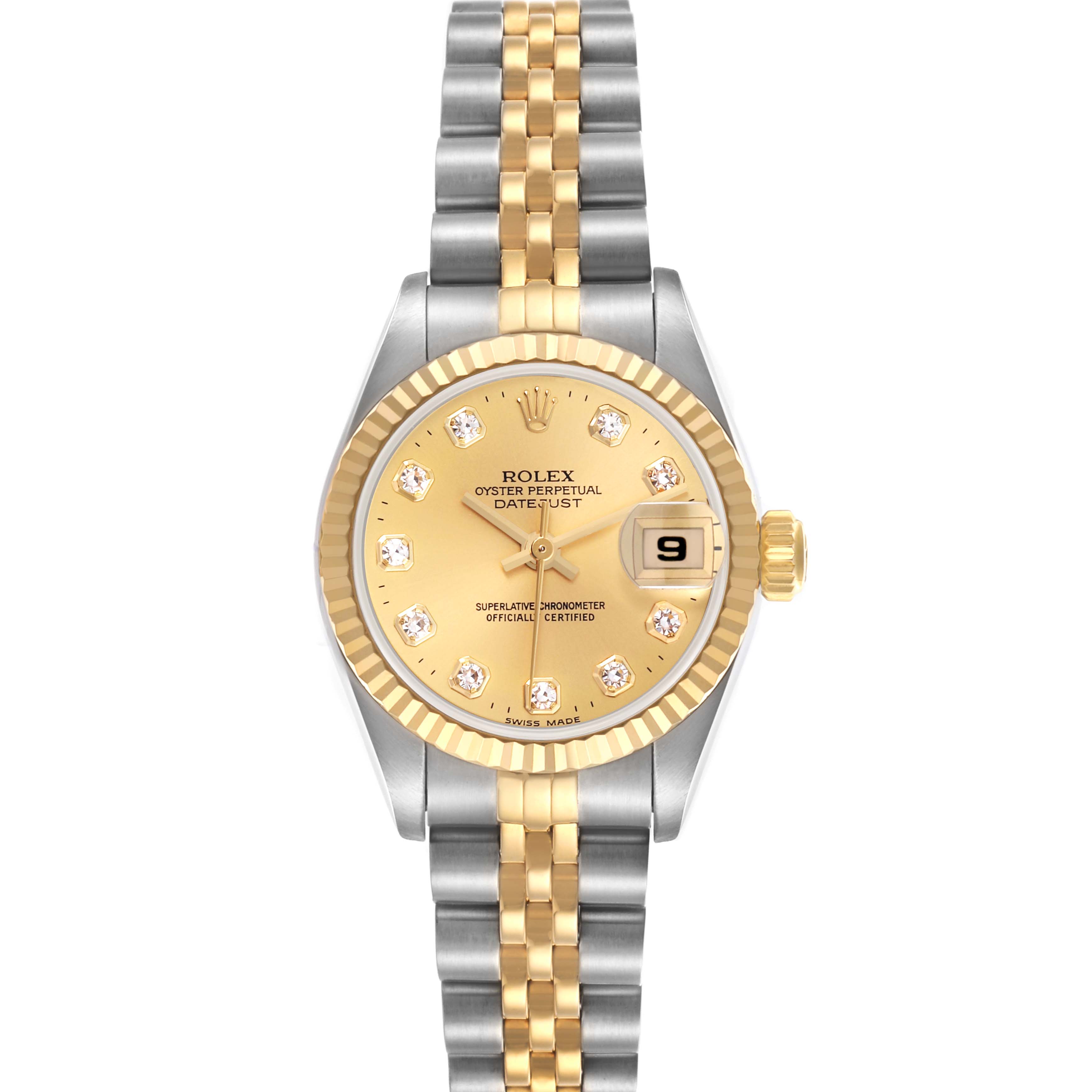 The Rolex Datejust 69173 Women's Steel and Gold (two tone) Champagne Dial 69173 Women's Steel and Gold (two tone) Champagne Dial watch is shown from a top-down angle, highlighting the dial, bezel, bracelet, and crown.
