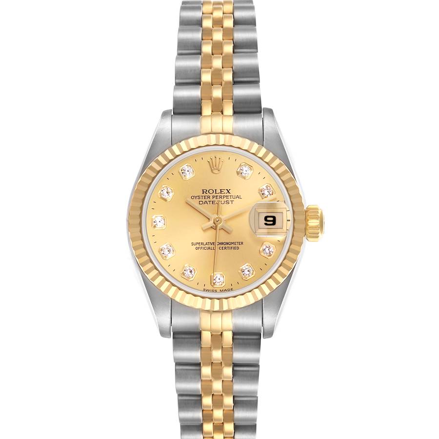 The Rolex Datejust watch is shown from a top-down angle, highlighting the dial, bezel, bracelet, and crown.