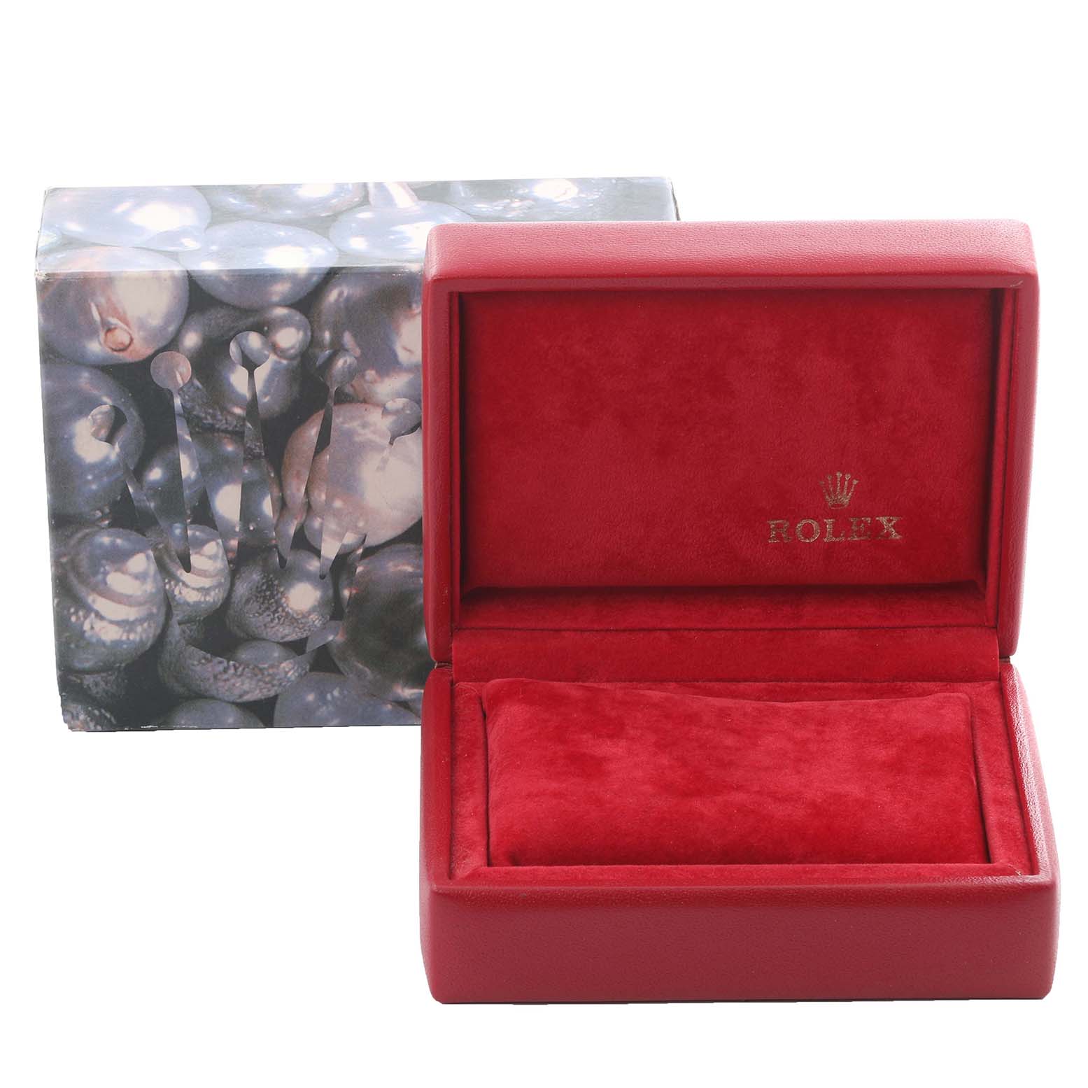 The image shows a red Rolex watch box, open, with the inner velvet lining visible, for the Datejust model.