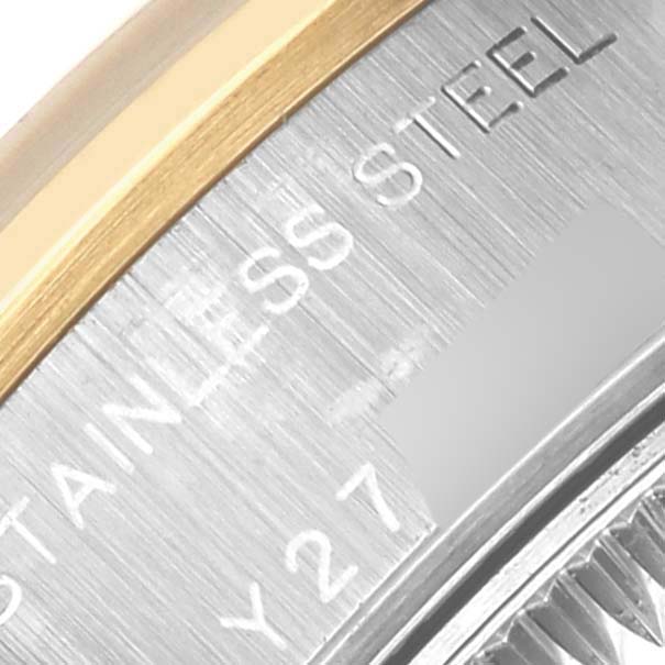 The image shows a close-up of the side of a Rolex Datejust 79163 Women's Steel and Gold (two tone) Grey Dial 79163 Women's Steel and Gold (two tone) Grey Dial watch, highlighting the stainless steel and gold bezel.