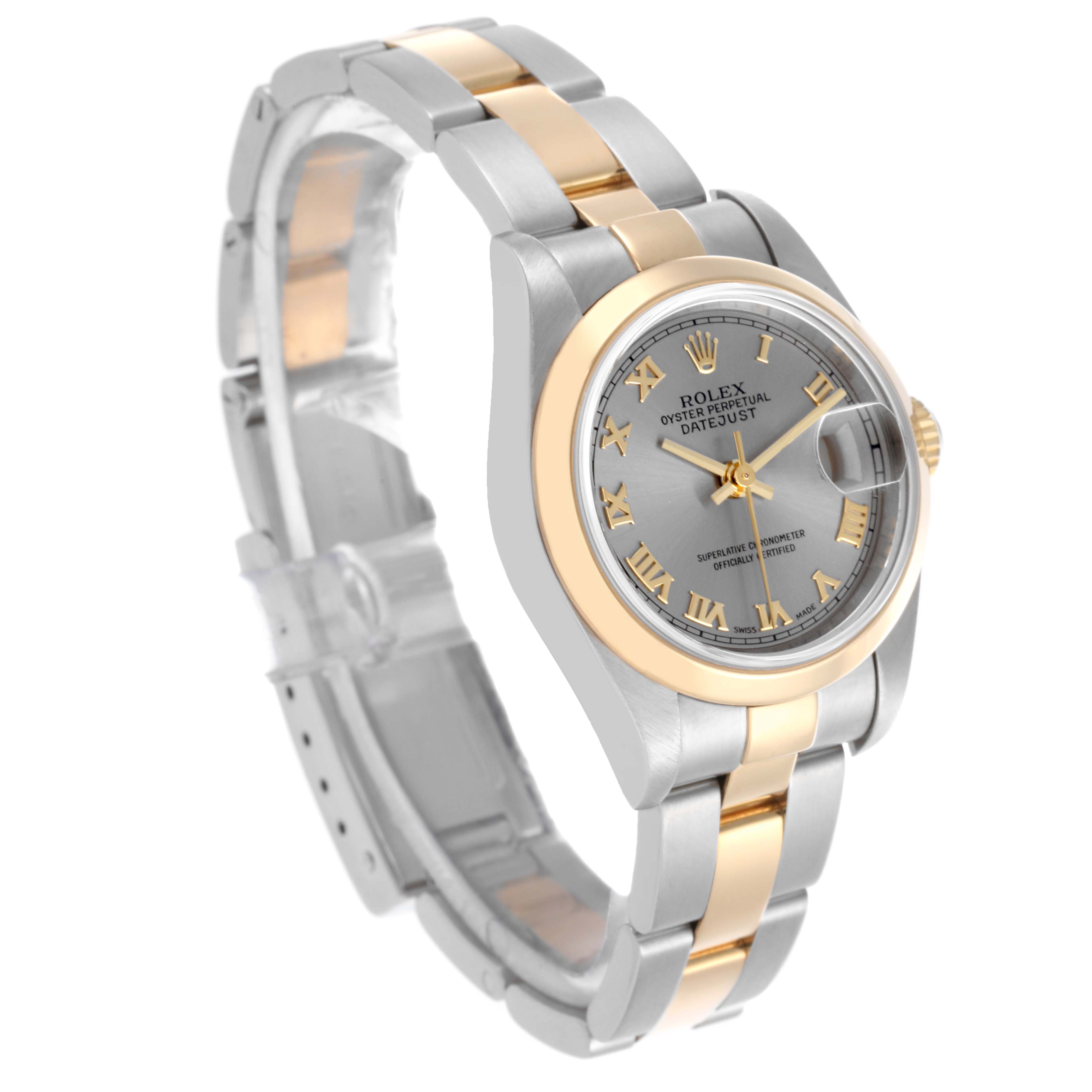 The Rolex Datejust 79163 Women's Steel and Gold (two tone) Grey Dial 79163 Women's Steel and Gold (two tone) Grey Dial is shown at a three-quarter angle, displaying the face, bezel, and part of the bracelet.