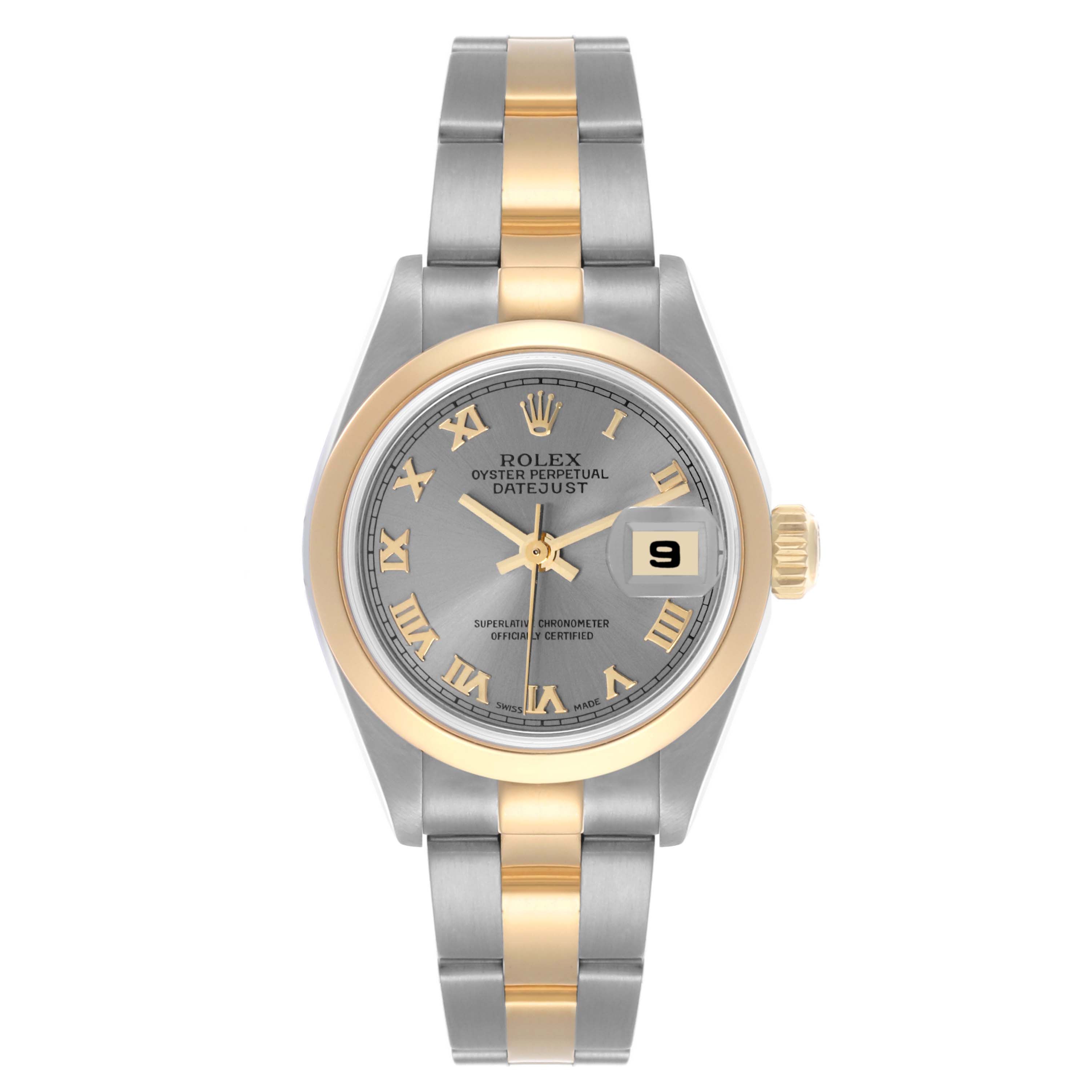 The Rolex Datejust 79163 Women's Steel and Gold (two tone) Grey Dial 79163 Women's Steel and Gold (two tone) Grey Dial watch is shown from a front view, highlighting the dial, bezel, case, and two-tone bracelet.
