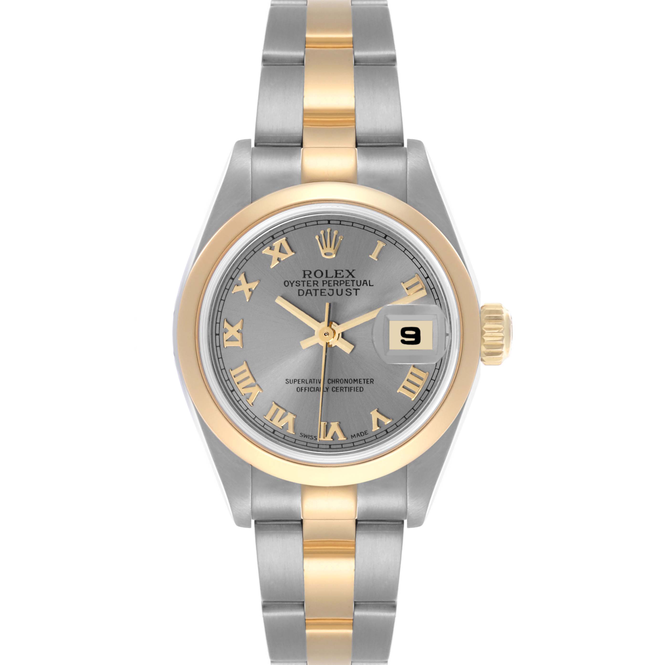 The Rolex Datejust 79163 Women's Steel and Gold (two tone) Grey Dial 79163 Women's Steel and Gold (two tone) Grey Dial watch is shown from a front angle, displaying the dial, bracelet, and two-tone metal design.