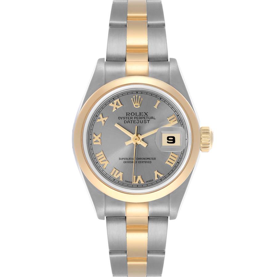 The Rolex Datejust watch is shown from a front angle, displaying the dial, bracelet, and two-tone metal design.