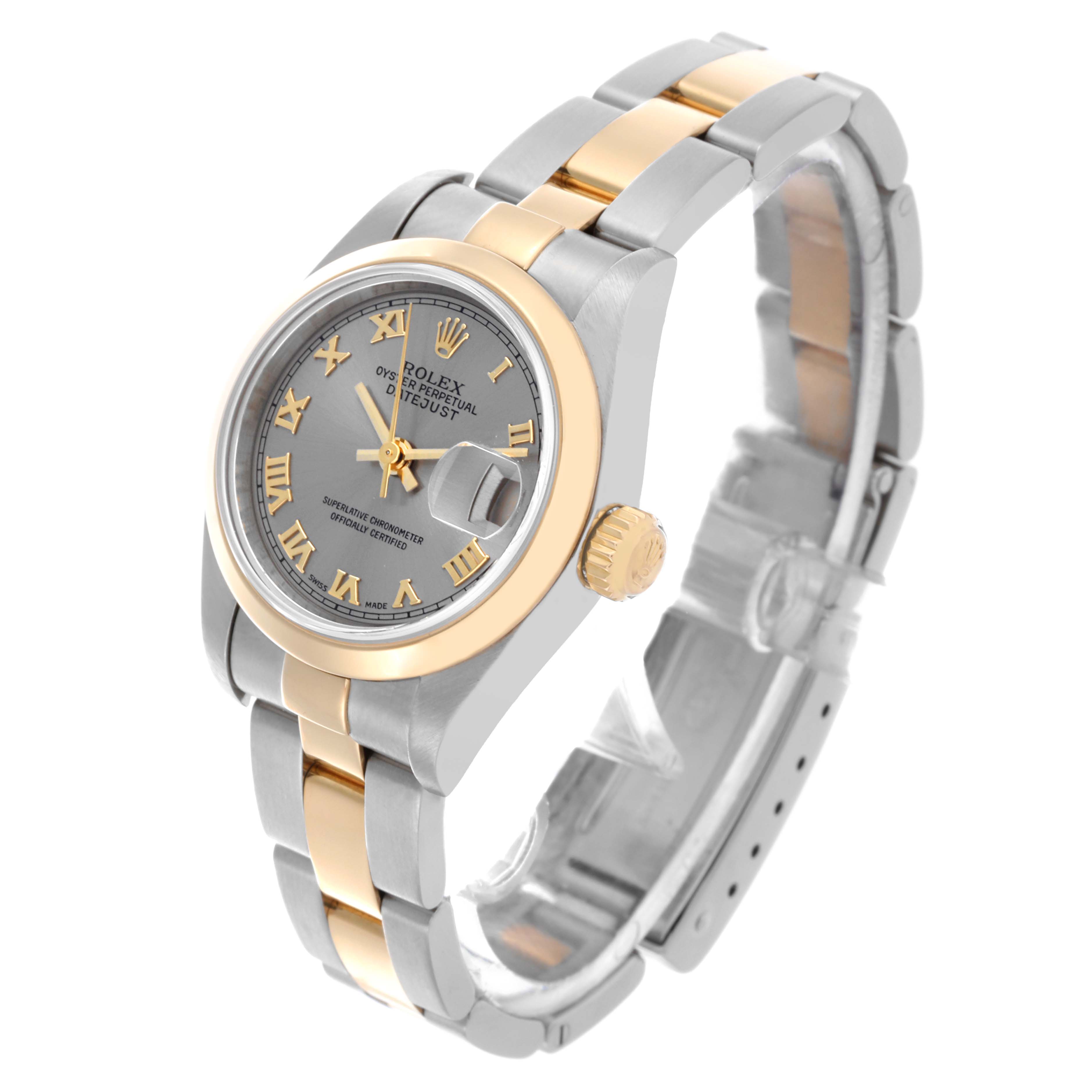 The Rolex Datejust 79163 Women's Steel and Gold (two tone) Grey Dial 79163 Women's Steel and Gold (two tone) Grey Dial watch is shown at an angled side view, highlighting the bezel, dial, crown, and bracelet.