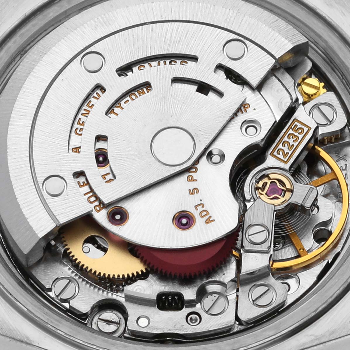 The image shows a close-up of the Rolex Datejust 79163 Women's Steel and Gold (two tone) Grey Dial 79163 Women's Steel and Gold (two tone) Grey Dial watch's movement, highlighting gears and components from a top-down angle.