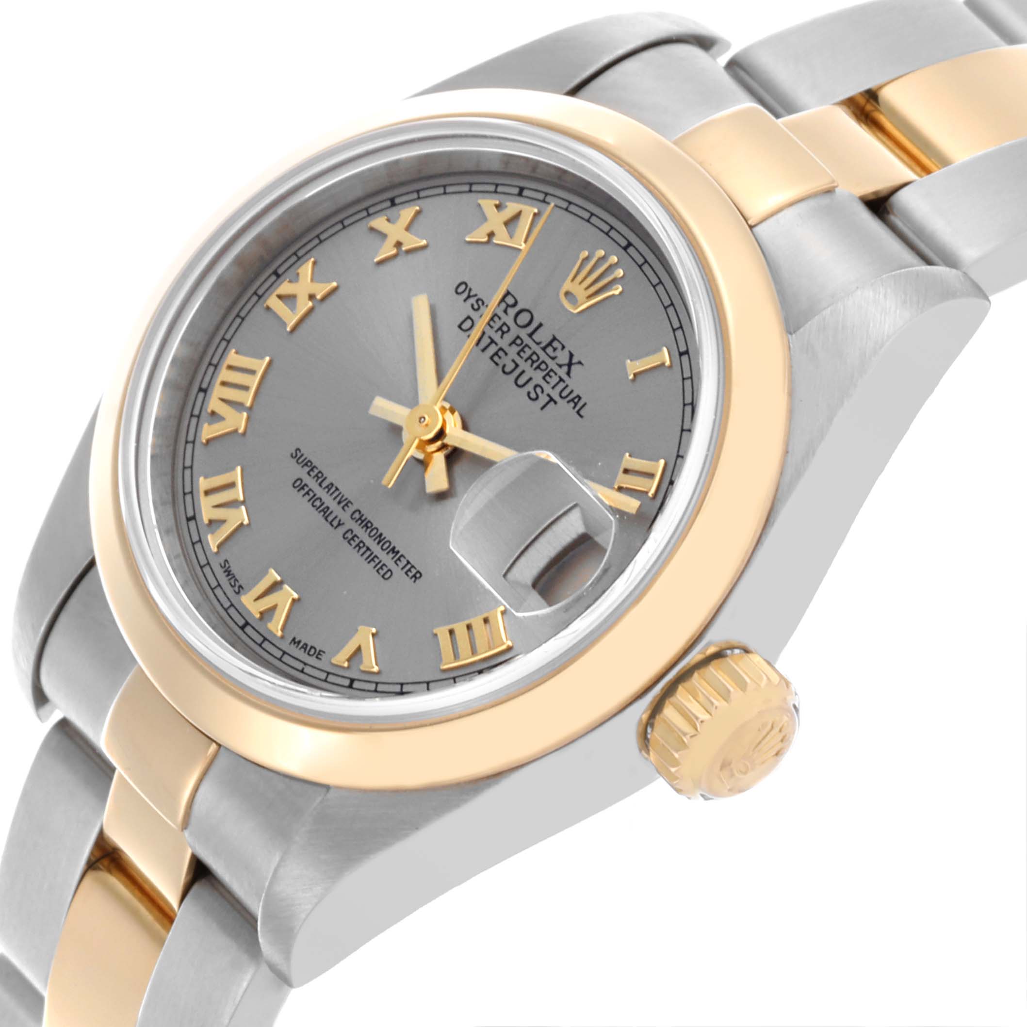 The image shows a Rolex Datejust 79163 Women's Steel and Gold (two tone) Grey Dial 79163 Women's Steel and Gold (two tone) Grey Dial watch at an angled close-up, highlighting the dial, bezel, and part of the bracelet.