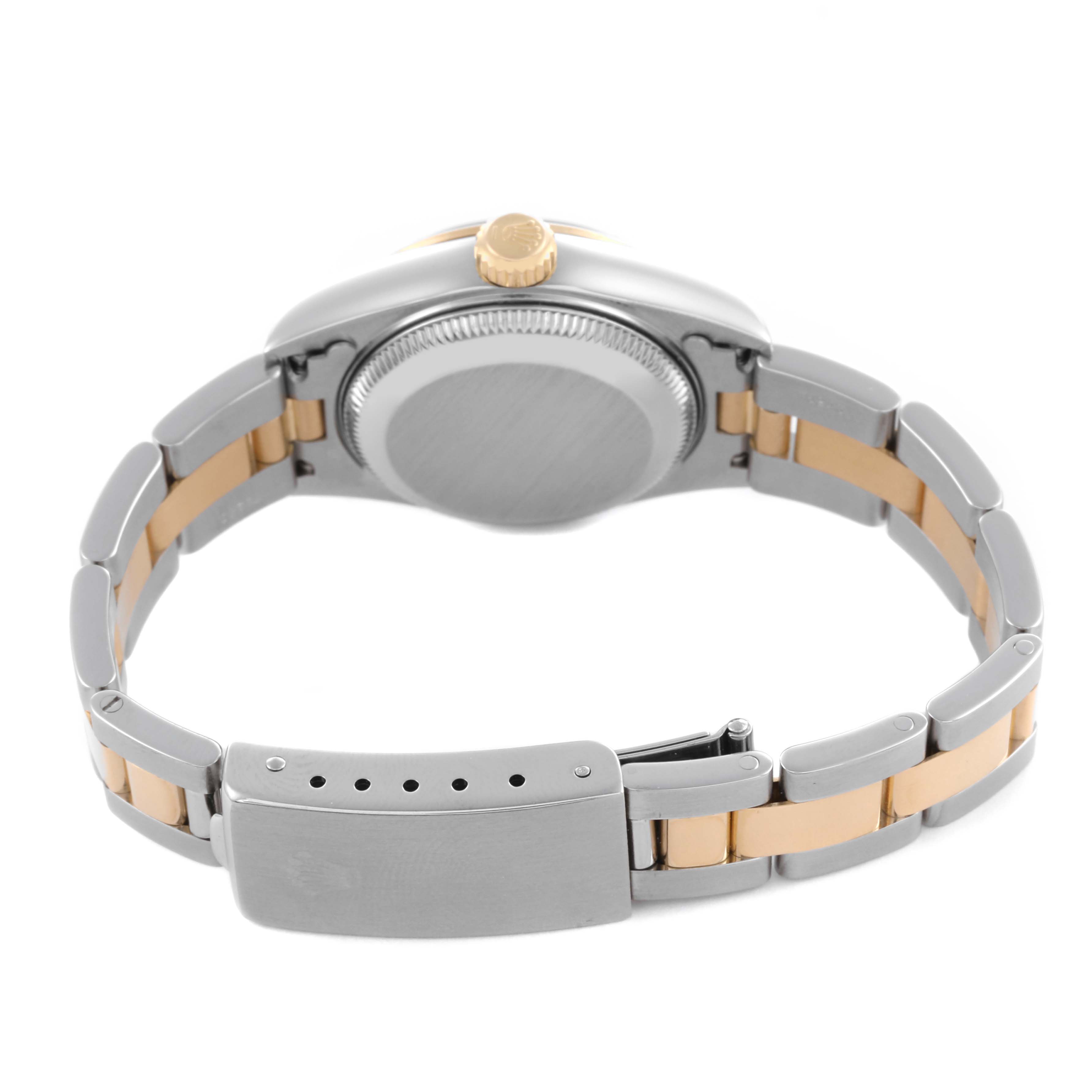 The image shows a Rolex Datejust 79163 Women's Steel and Gold (two tone) Grey Dial 79163 Women's Steel and Gold (two tone) Grey Dial watch from the back, highlighting the clasp, bracelet, case back, and crown.