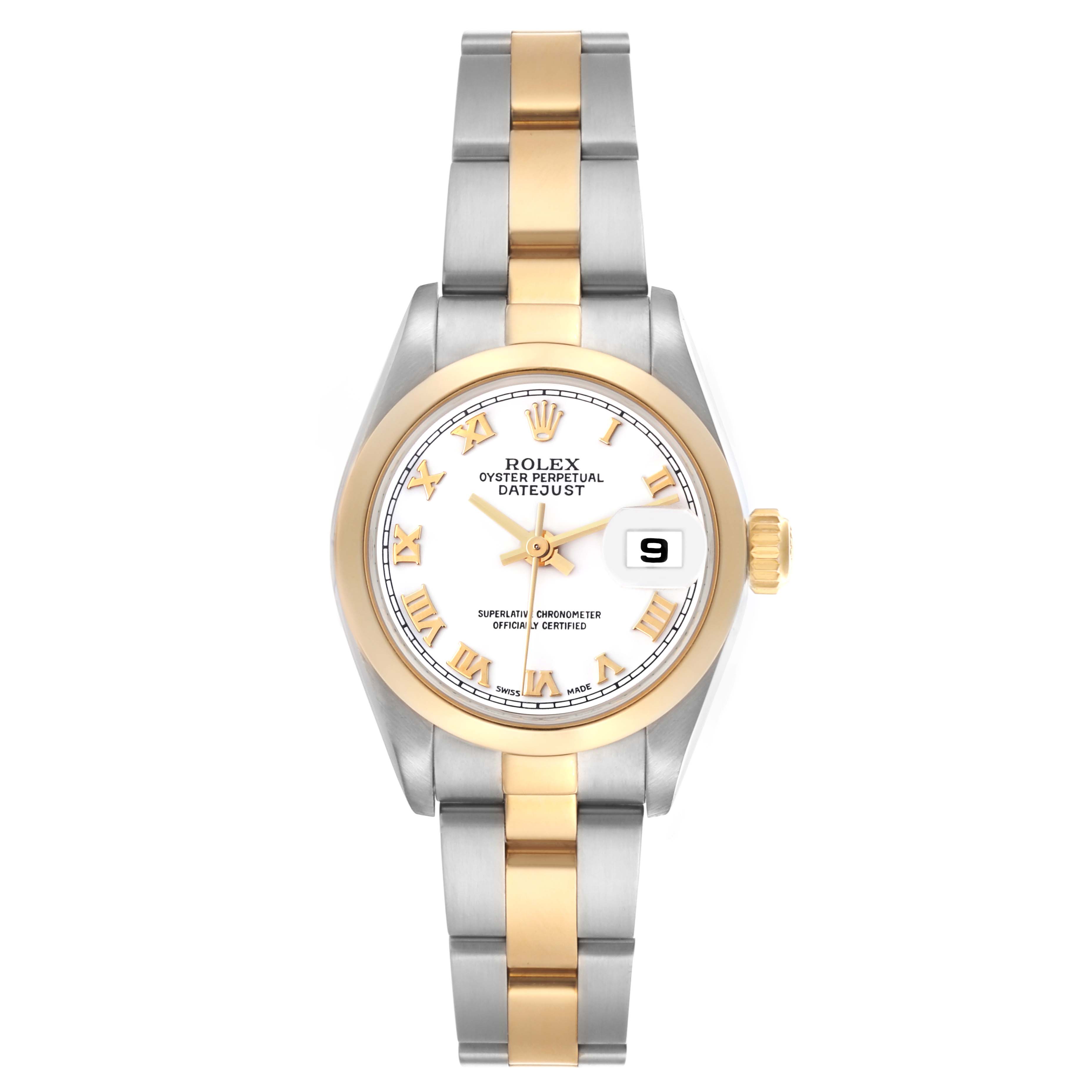 The Rolex Datejust 79163 Women's Steel and Gold (two tone) White Dial 79163 Women's Steel and Gold (two tone) White Dial watch is shown from a top-down angle, highlighting its two-tone bracelet, dial, and date display.
