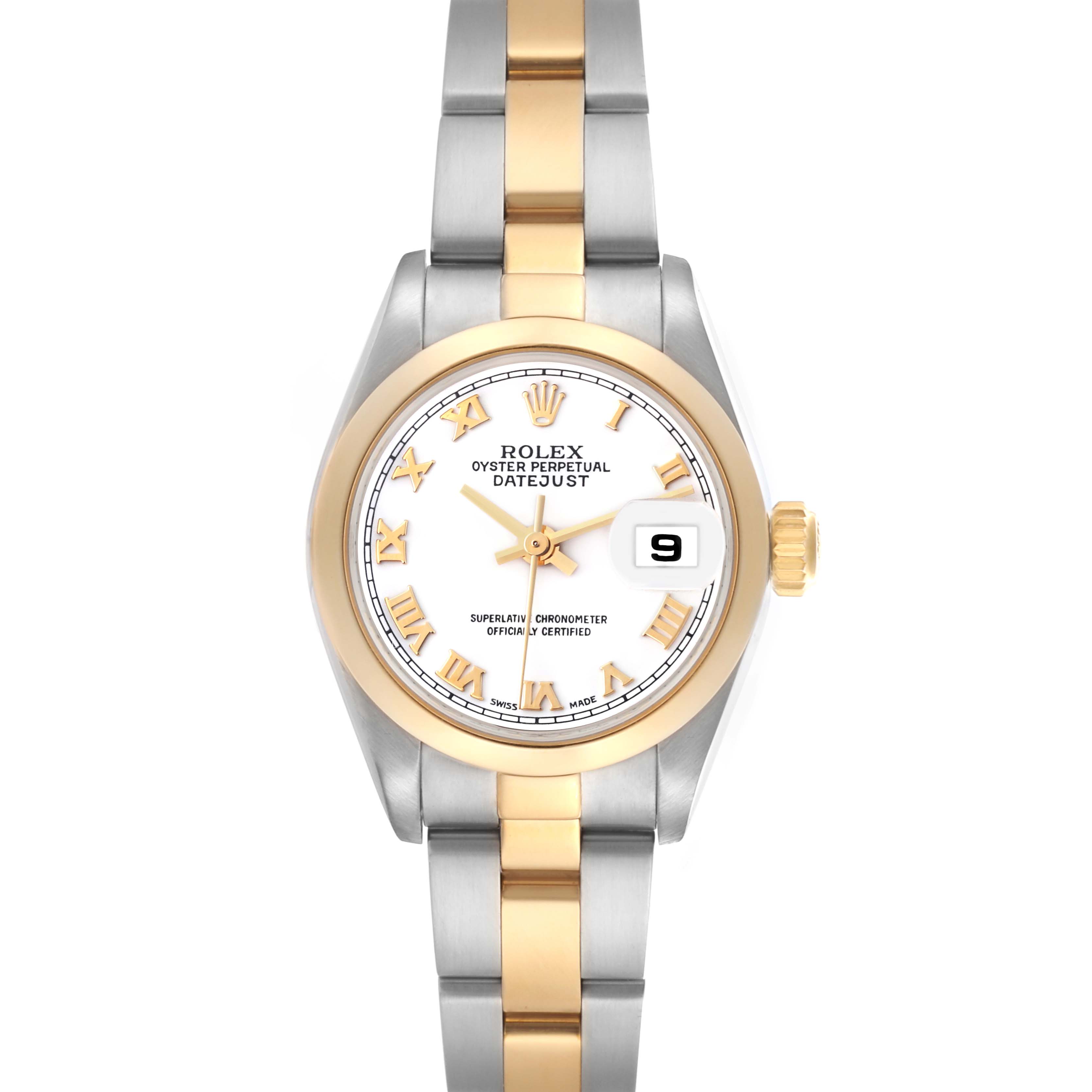 The Rolex Datejust 79163 Women's Steel and Gold (two tone) White Dial 79163 Women's Steel and Gold (two tone) White Dial watch is shown from a top view, displaying the face, bezel, crown, and two-tone bracelet.