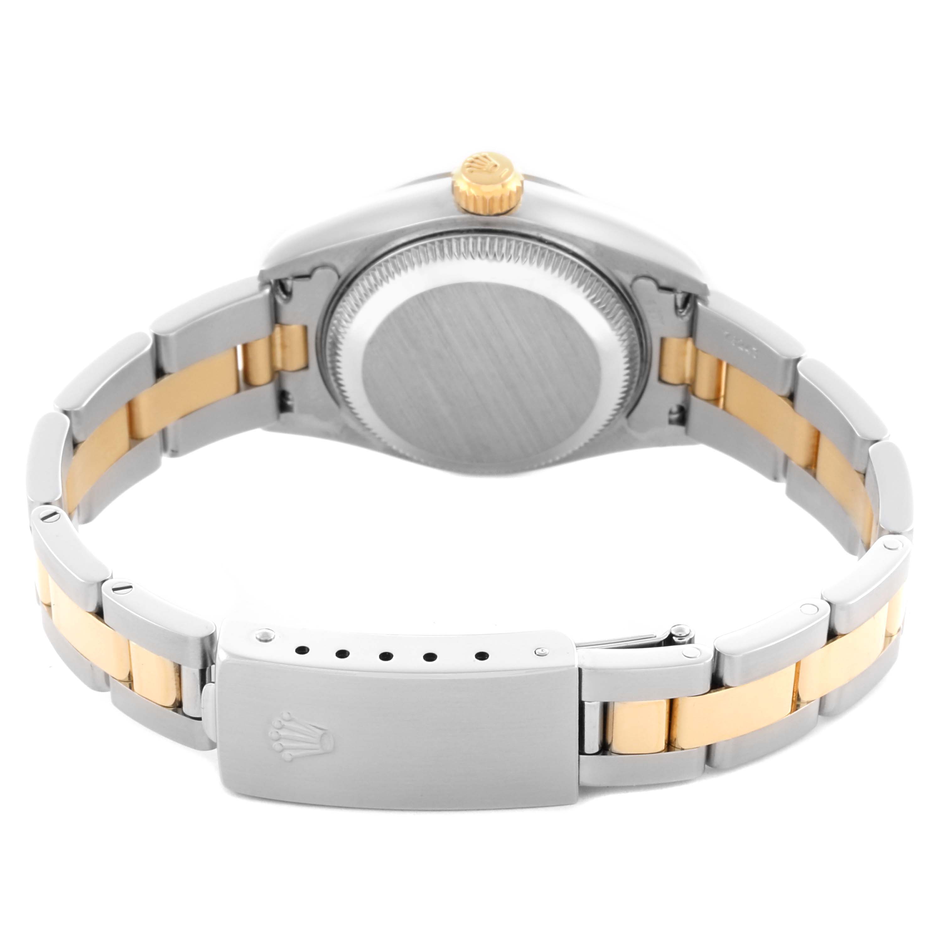 The image shows the back and bracelet clasp of a Rolex Datejust 79163 Women's Steel and Gold (two tone) White Dial 79163 Women's Steel and Gold (two tone) White Dial, highlighting the bi-metal design and screw-down case.