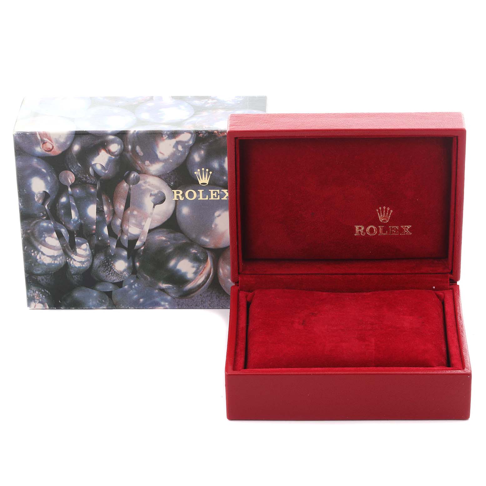 The image shows a Rolex Datejust 79163 Women's Steel and Gold (two tone) White Dial 79163 Women's Steel and Gold (two tone) White Dial watch box and outer packaging, both in an open position, without the watch inside.