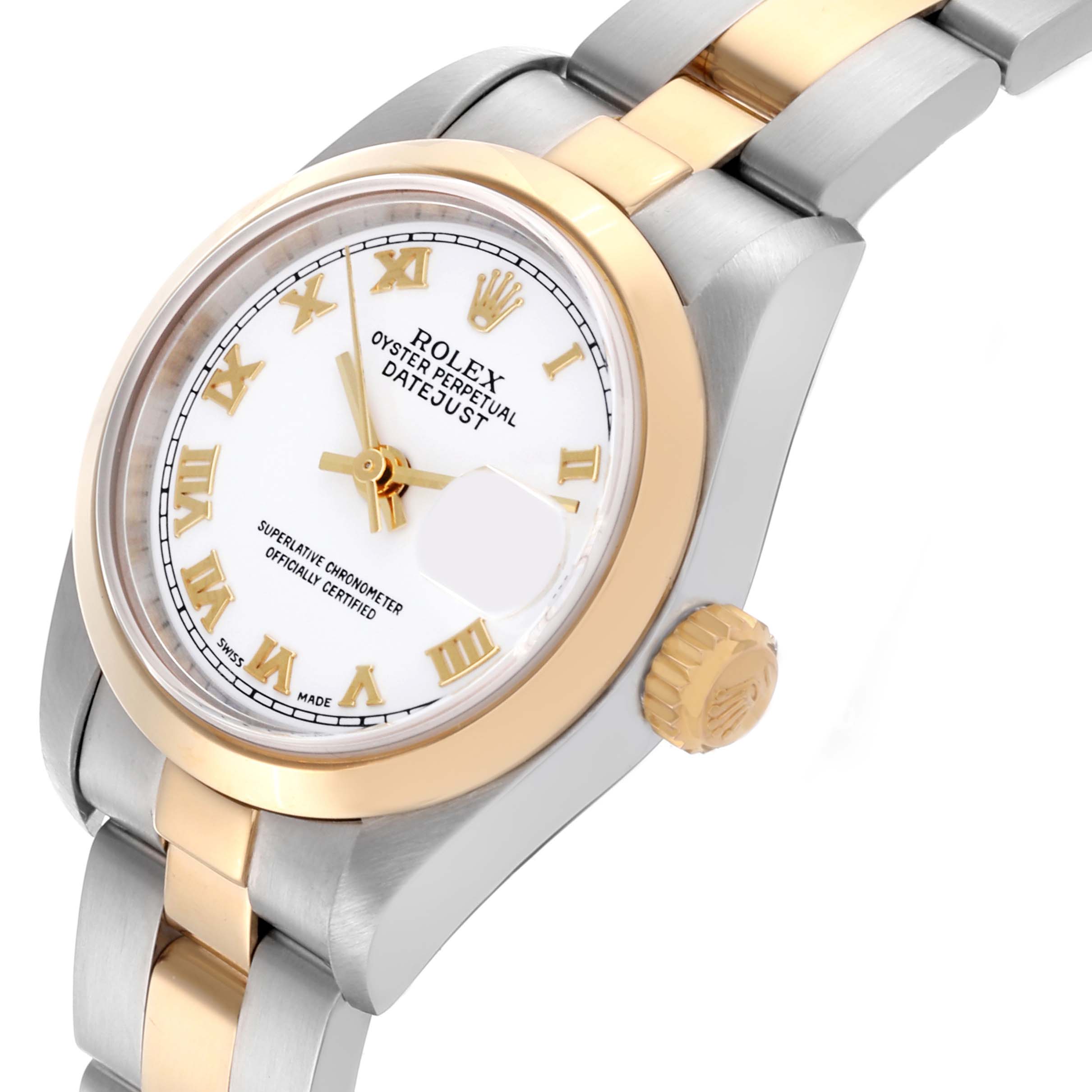 The Rolex Datejust 79163 Women's Steel and Gold (two tone) White Dial 79163 Women's Steel and Gold (two tone) White Dial watch is shown at a side angle, highlighting the dial, bezel, bracelet, and crown.