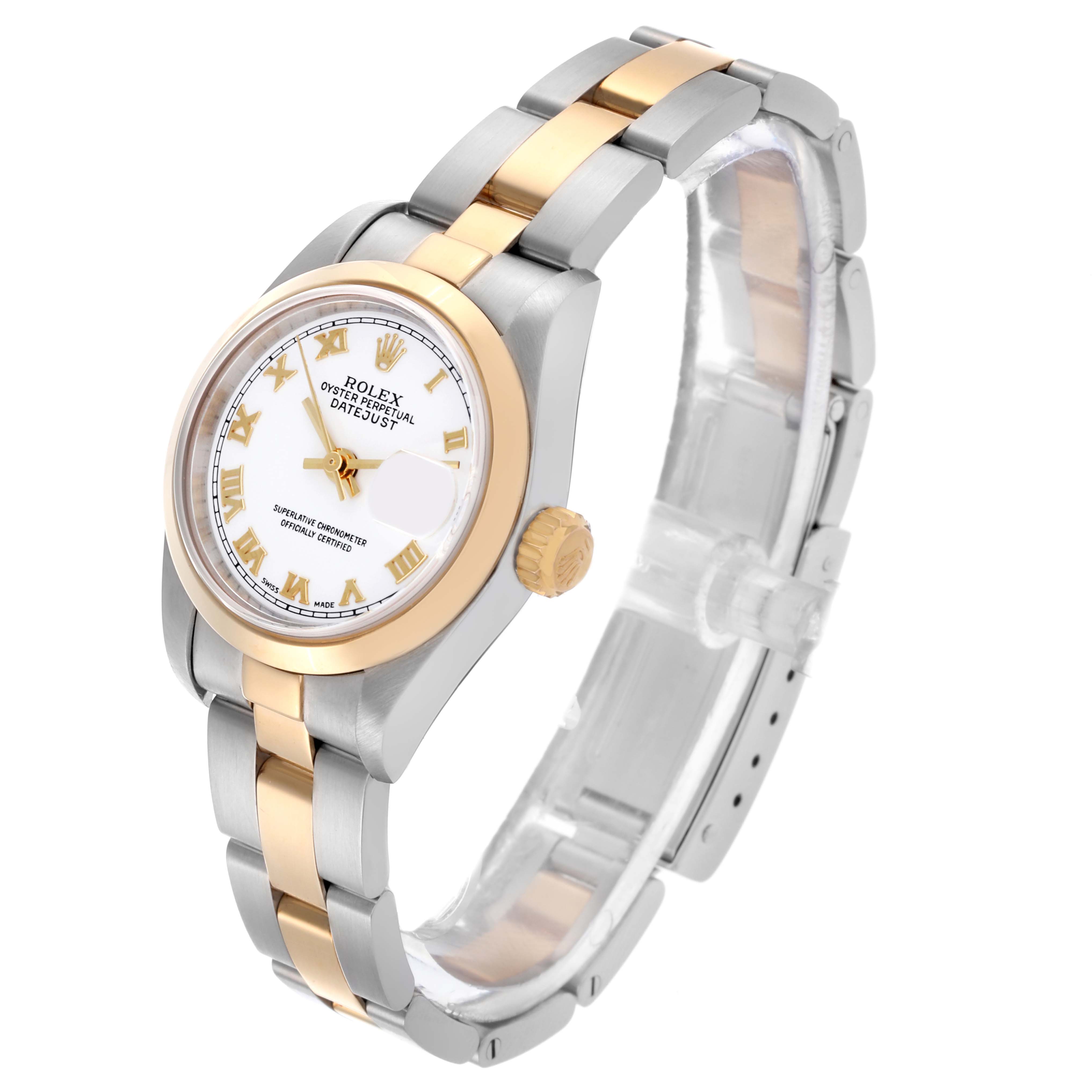 The Rolex Datejust 79163 Women's Steel and Gold (two tone) White Dial 79163 Women's Steel and Gold (two tone) White Dial is shown at a three-quarter angle, displaying the dial, crown, bezel, and bracelet.