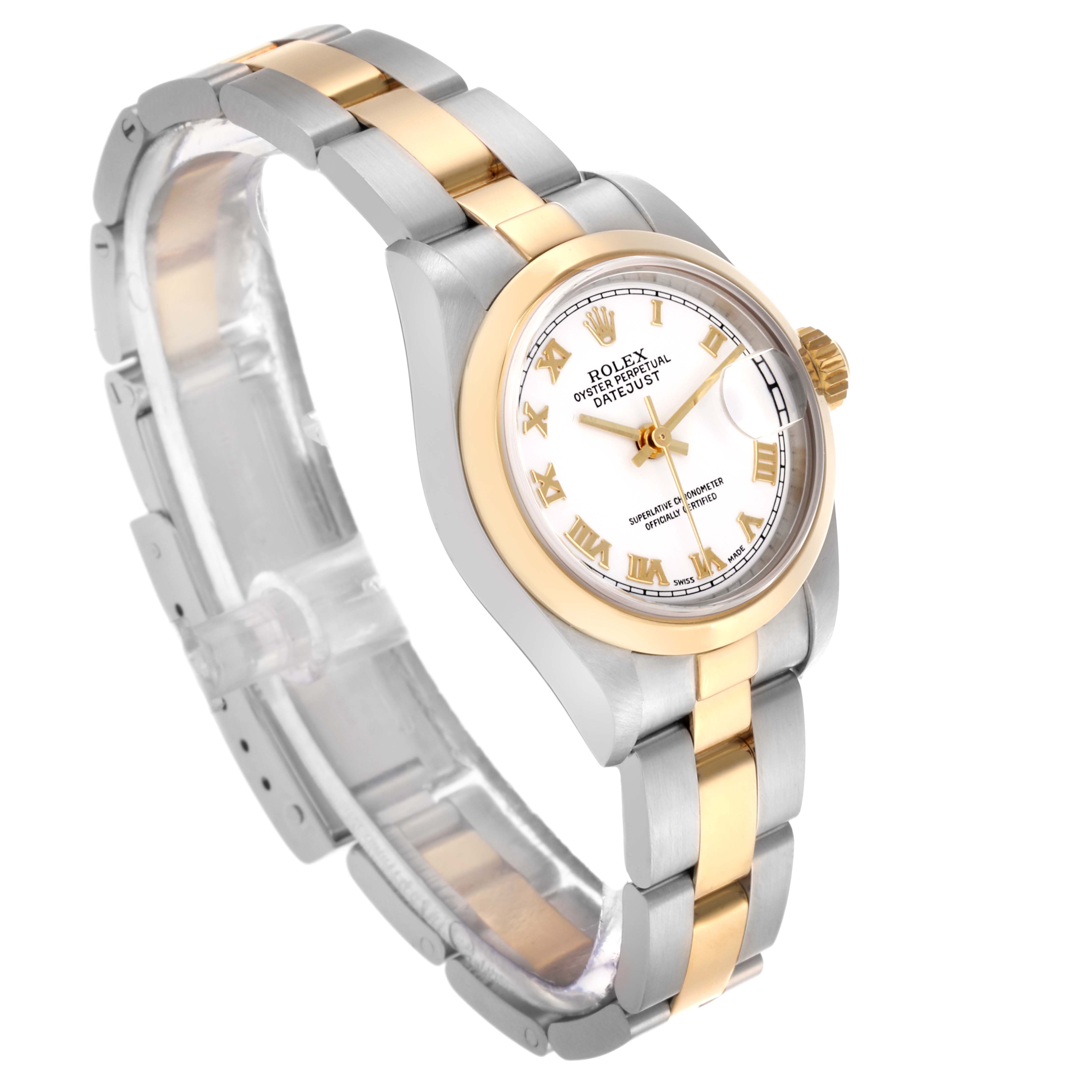 The Rolex Datejust 79163 Women's Steel and Gold (two tone) White Dial 79163 Women's Steel and Gold (two tone) White Dial watch is shown from a three-quarter angle, highlighting the dial, bezel, and two-tone bracelet.