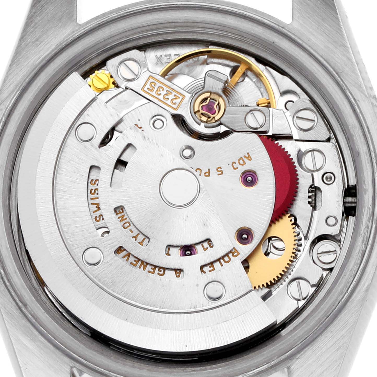 The image shows the movement of a Rolex Datejust 79163 Women's Steel and Gold (two tone) White Dial 79163 Women's Steel and Gold (two tone) White Dial watch from a top-down angle, highlighting the mechanism and gears.