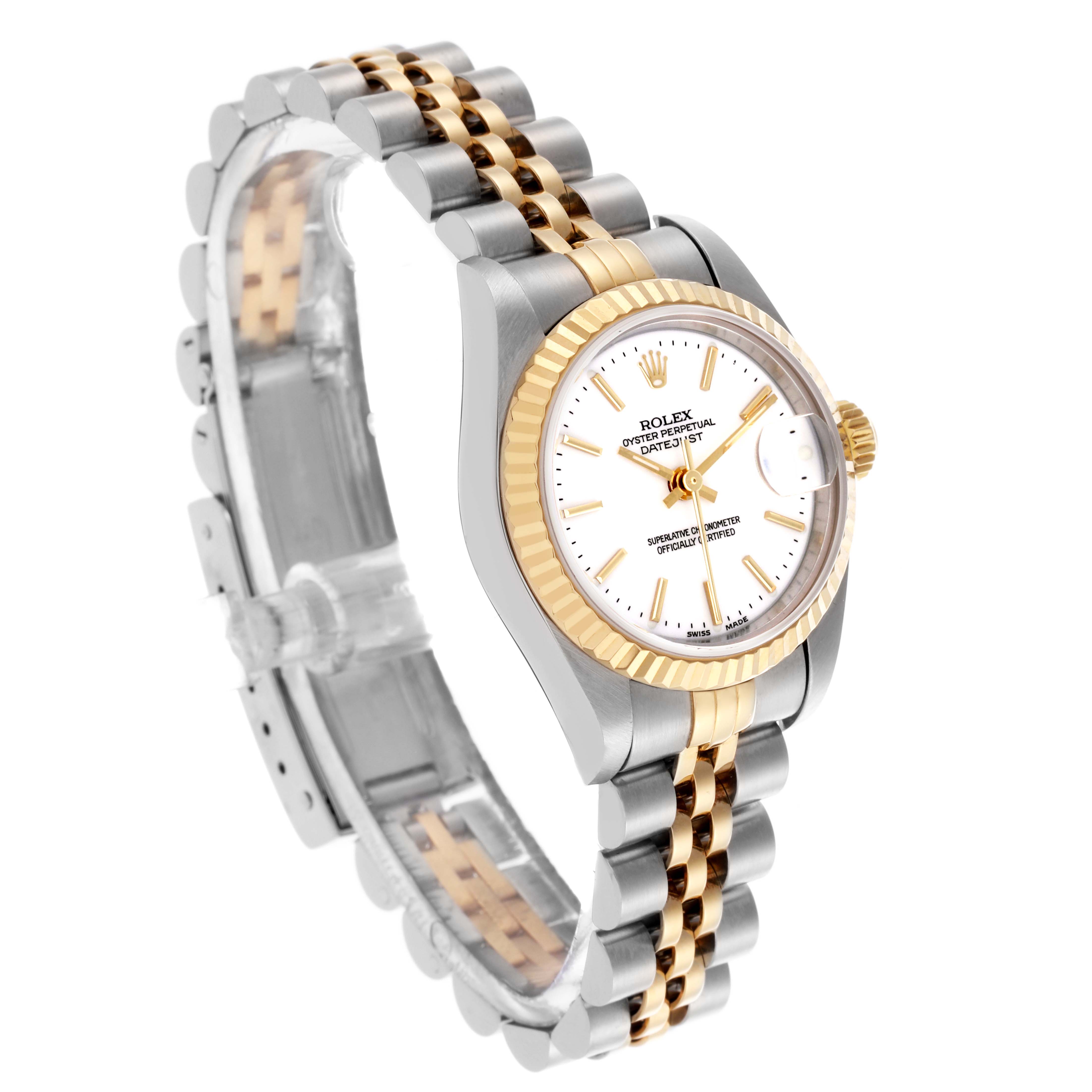 The Rolex Datejust 79173 Women's Steel and Gold (two tone) White Dial 79173 Women's Steel and Gold (two tone) White Dial watch is shown at a three-quarter angle, highlighting its case, fluted bezel, and two-tone bracelet.