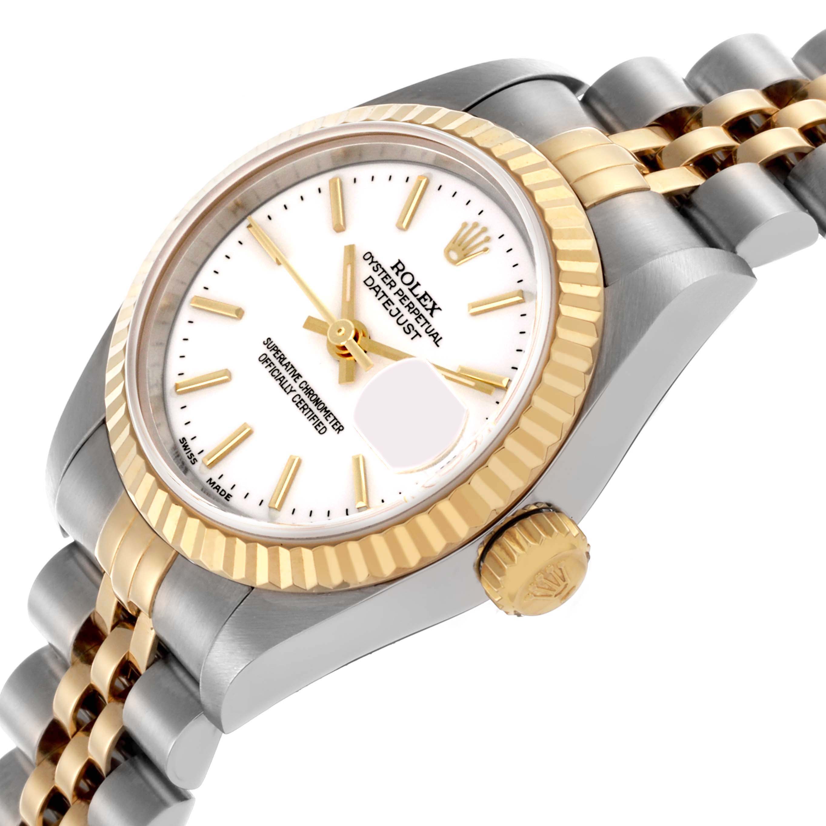 The Rolex Datejust 79173 Women's Steel and Gold (two tone) White Dial 79173 Women's Steel and Gold (two tone) White Dial watch is shown from a side angle, highlighting the case, bezel, crown, and part of the bracelet.