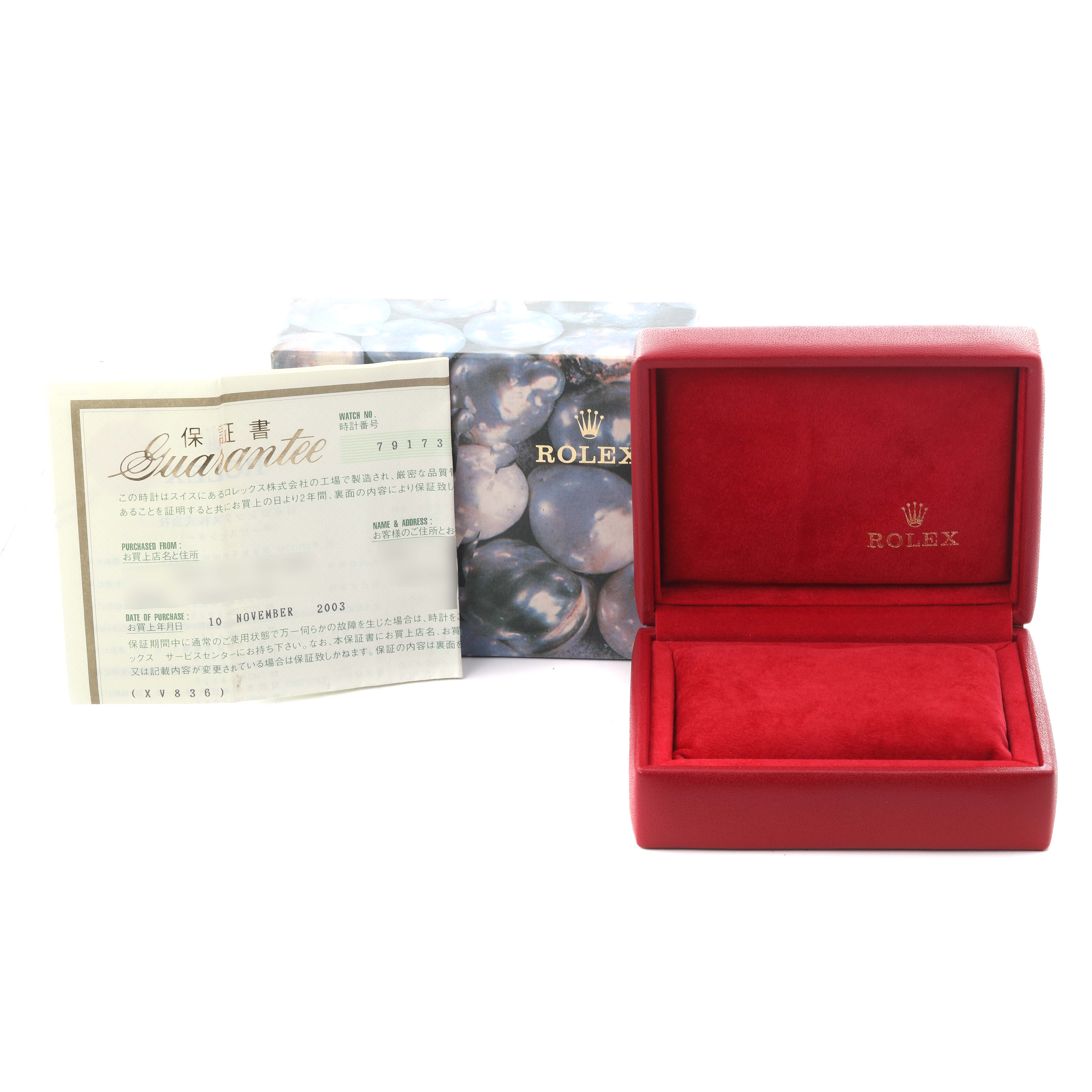 The image shows a Rolex Datejust 79173 Women's Steel and Gold (two tone) White Dial 79173 Women's Steel and Gold (two tone) White Dial watch box, outer box, and guarantee document from an overhead angle.