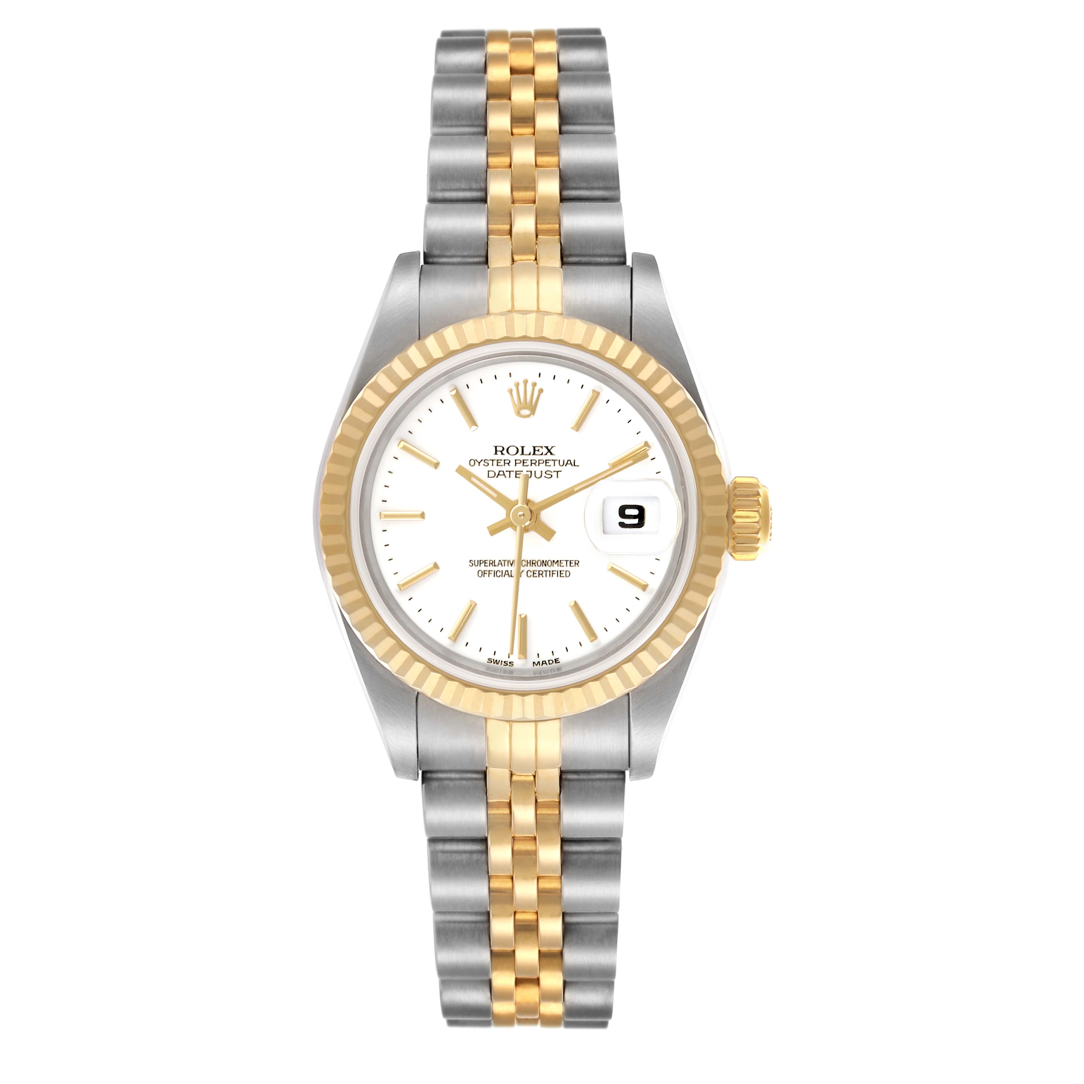 The Rolex Datejust 79173 Women's Steel and Gold (two tone) White Dial 79173 Women's Steel and Gold (two tone) White Dial watch is shown from the front, displaying the dial, bezel, and two-tone bracelet.