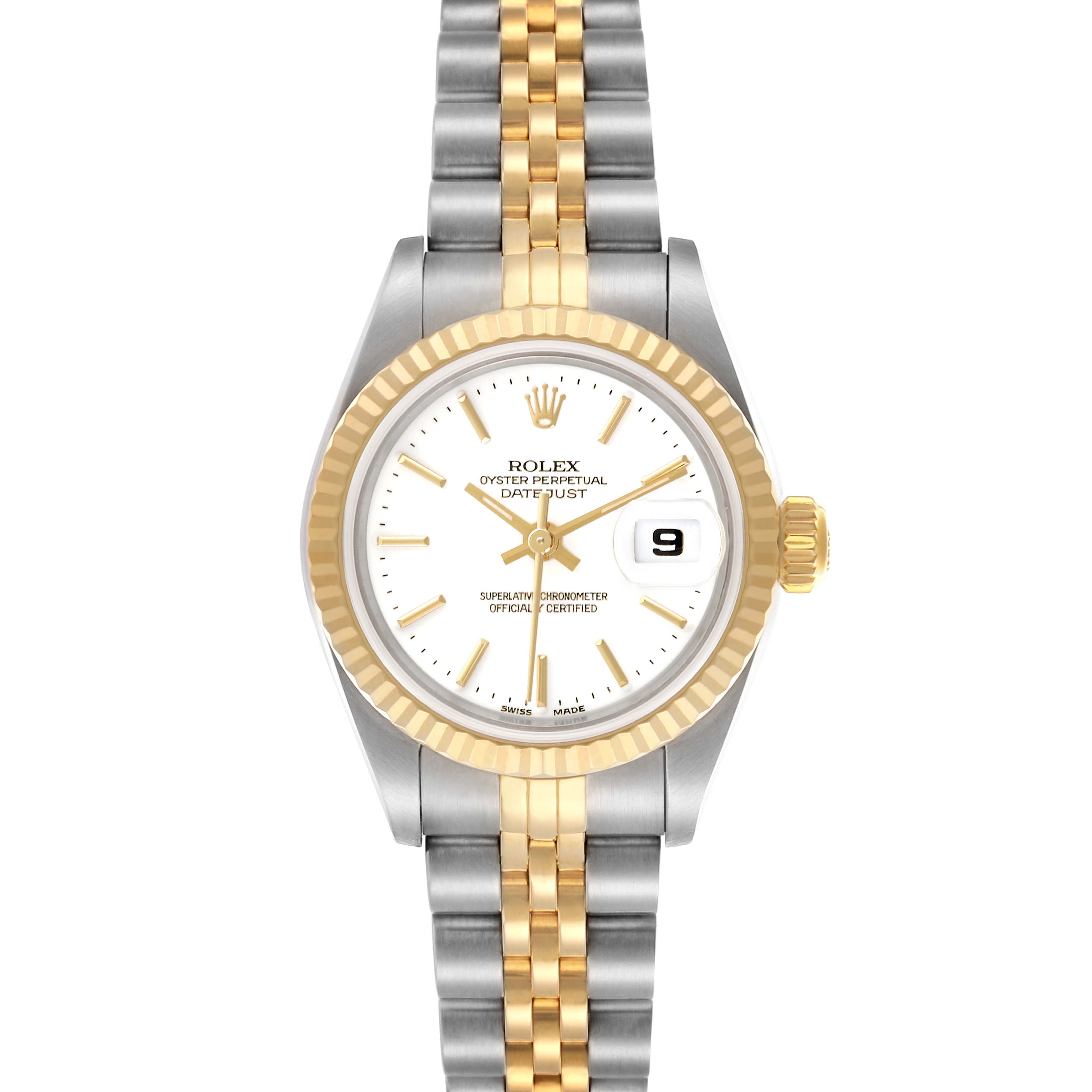 The Rolex Datejust 79173 Women's Steel and Gold (two tone) White Dial 79173 Women's Steel and Gold (two tone) White Dial watch is shown from a front view, highlighting the dial, bezel, and two-tone bracelet.