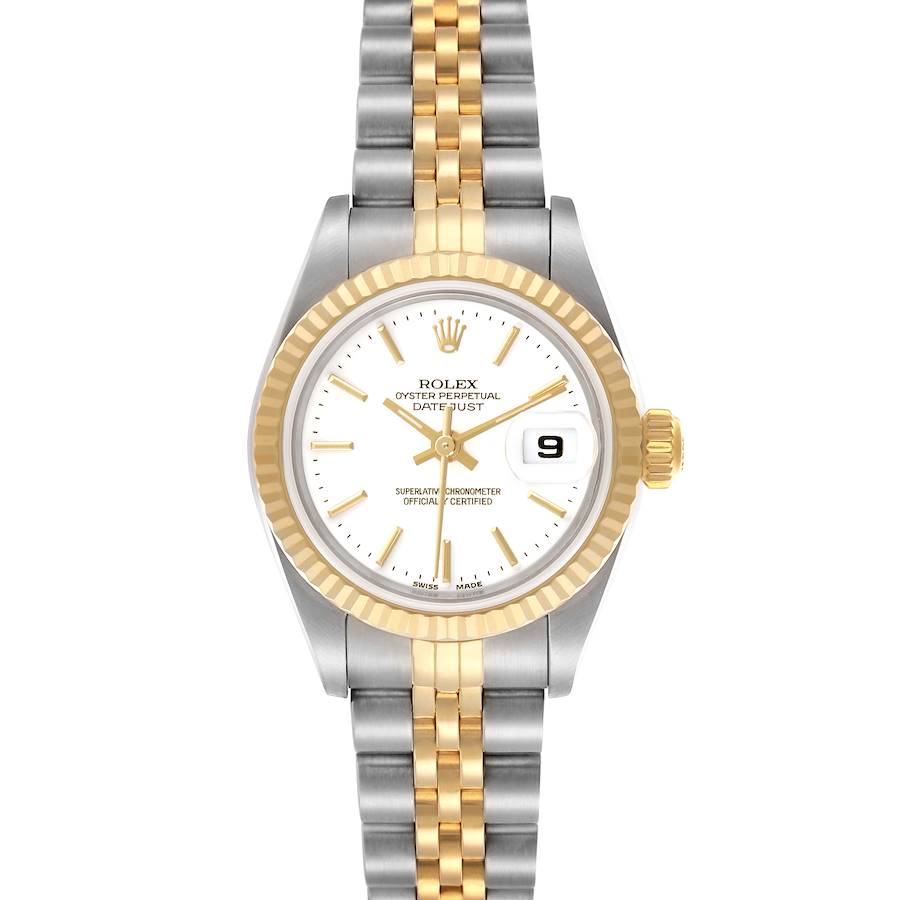 The Rolex Datejust watch is shown from a front view, highlighting the dial, bezel, and two-tone bracelet.