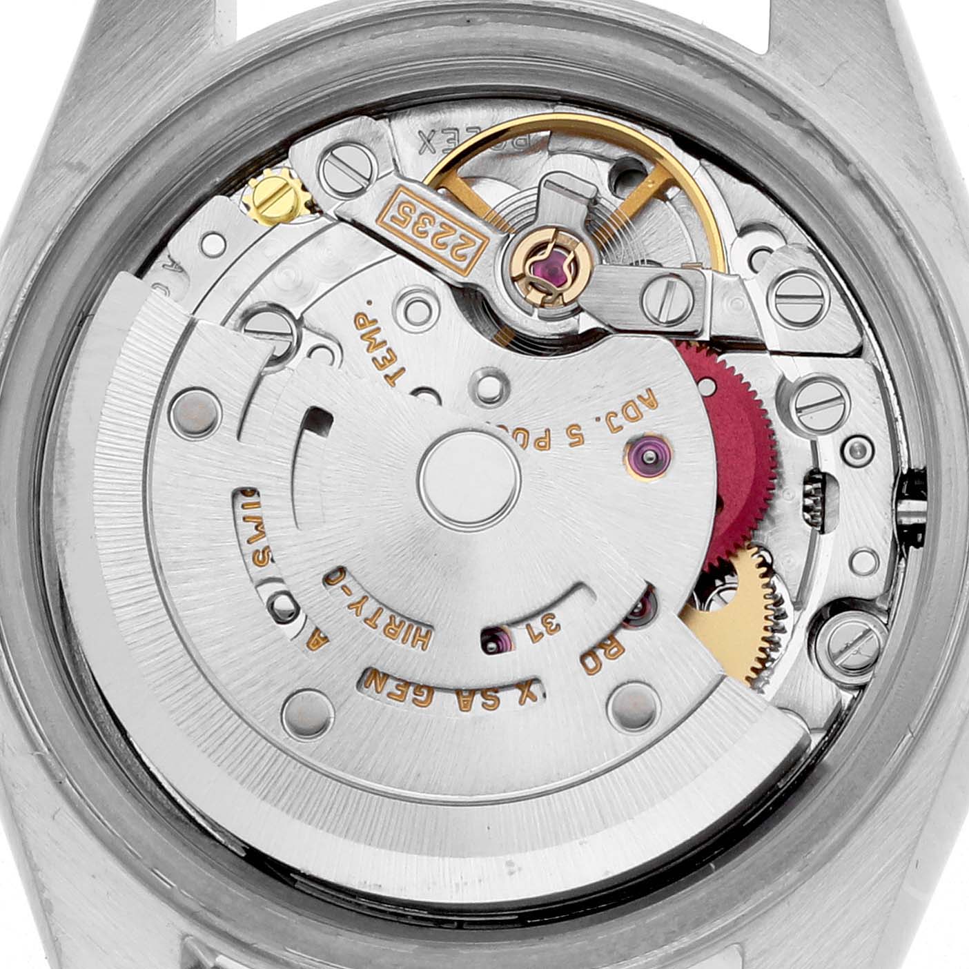 The image shows the internal mechanism of a Rolex Datejust 79173 Women's Steel and Gold (two tone) White Dial 79173 Women's Steel and Gold (two tone) White Dial watch, highlighting gears and components from a top-down angle.