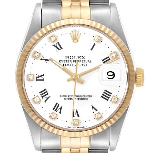 Photo of Rolex Datejust Steel Yellow Gold White Roman Diamond Dial Mens Watch 16233