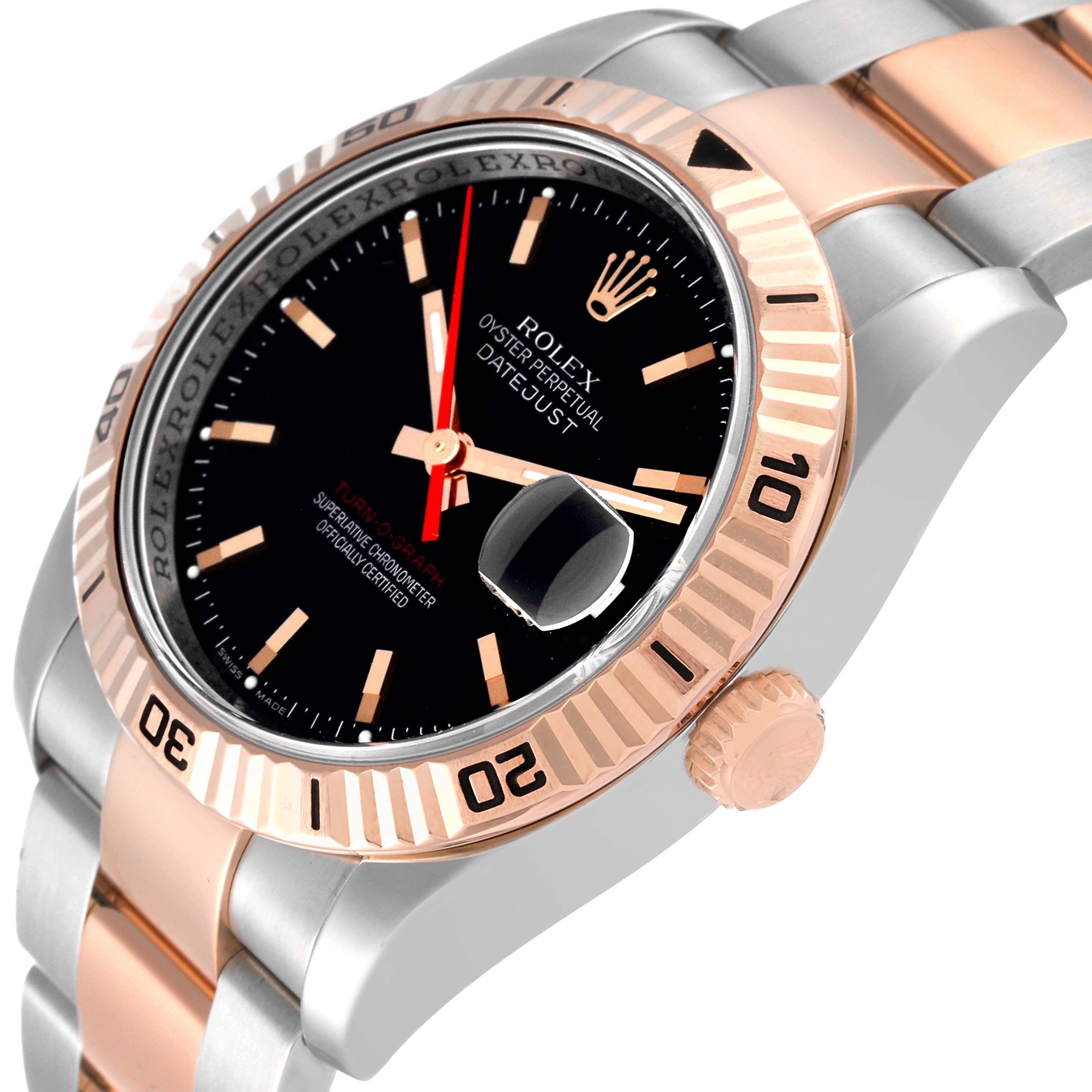 The image shows a Rolex Turn-o-Graph 116261 Men's Steel and Gold (two tone) Black Dial 116261 Men's Steel and Gold (two tone) Black Dial watch at a slight side angle, highlighting its dial, bezel, crown, and part of its two-tone bracelet.