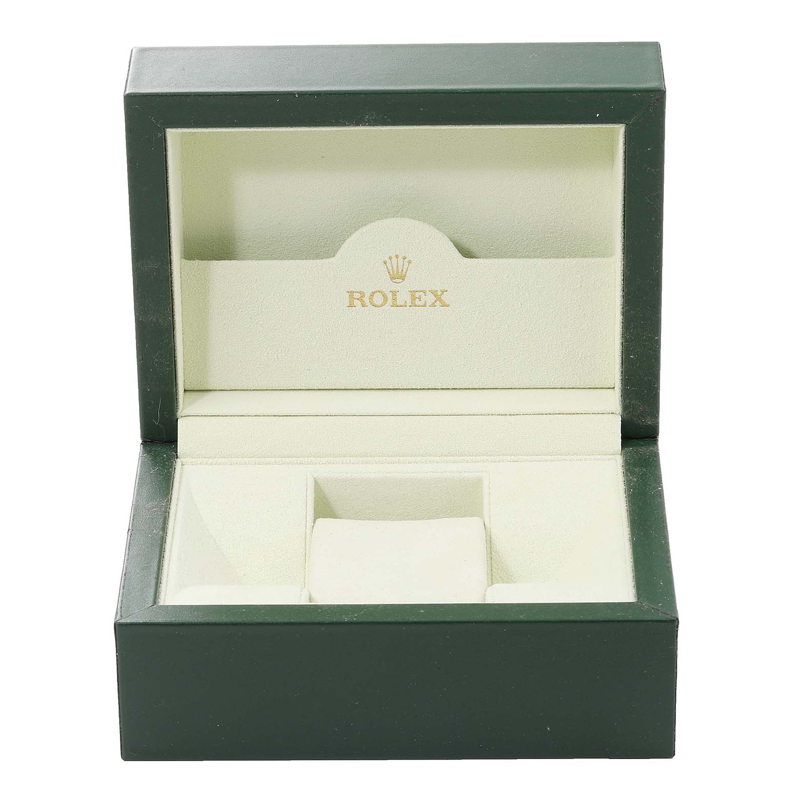 The image shows an empty Rolex Turn-o-Graph 116261 Men's Steel and Gold (two tone) Black Dial 116261 Men's Steel and Gold (two tone) Black Dial watch box from a front angle, featuring the brand's logo inside.