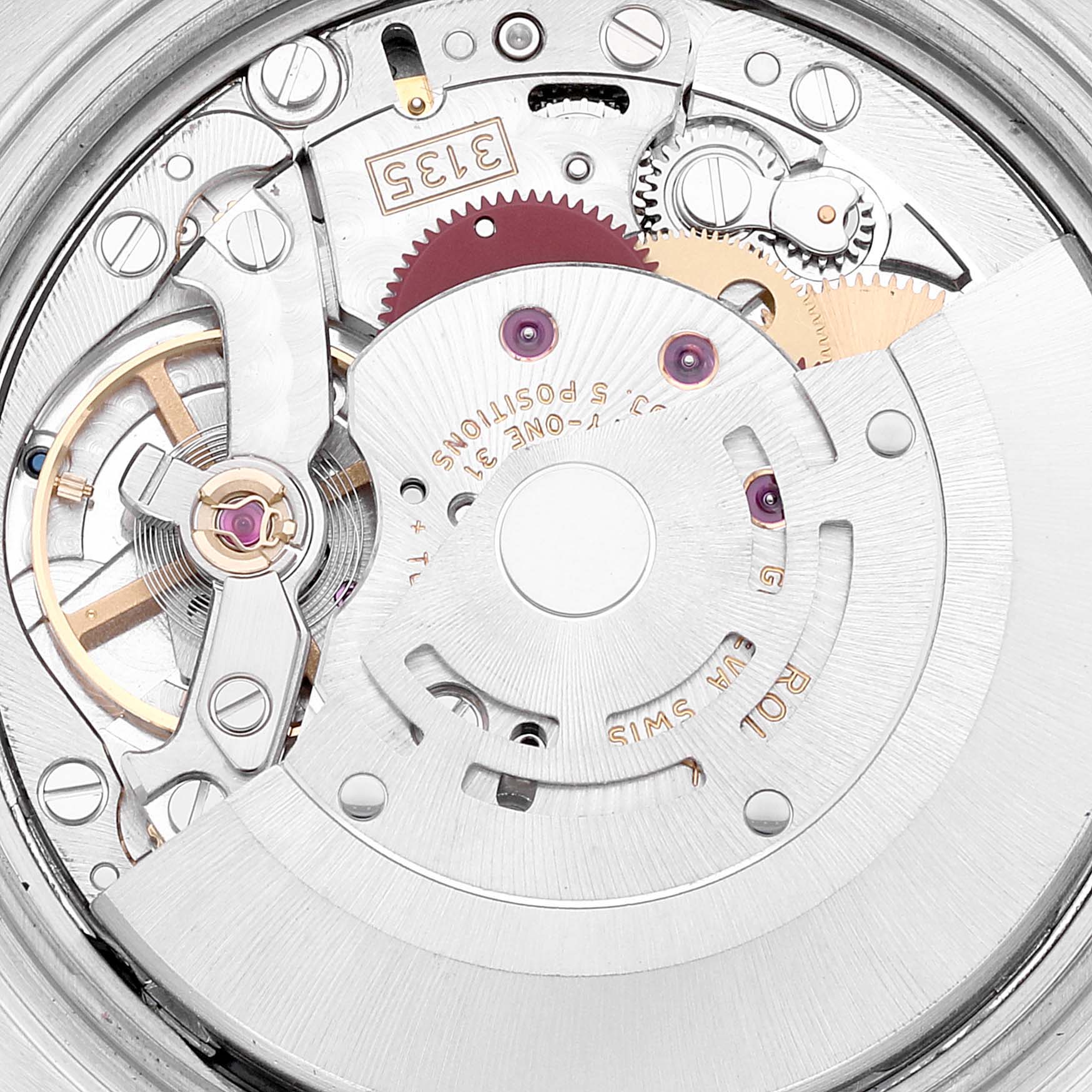 The image shows a close-up view of the movement mechanism of a Rolex Turn-o-Graph 116261 Men's Steel and Gold (two tone) Black Dial 116261 Men's Steel and Gold (two tone) Black Dial watch.