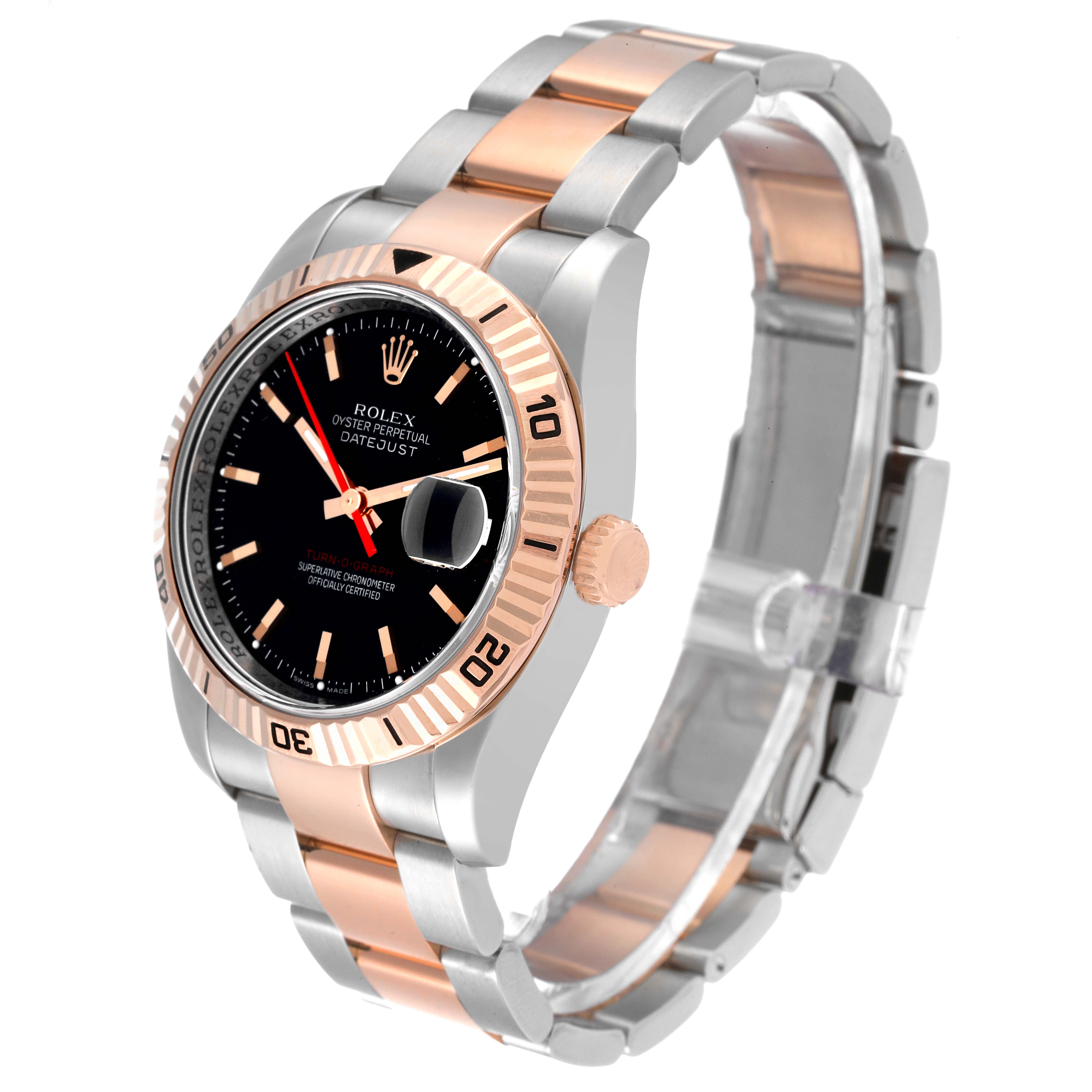 The Rolex Turn-o-Graph 116261 Men's Steel and Gold (two tone) Black Dial 116261 Men's Steel and Gold (two tone) Black Dial is shown at a three-quarter angle, highlighting the face, bezel, and bracelet.