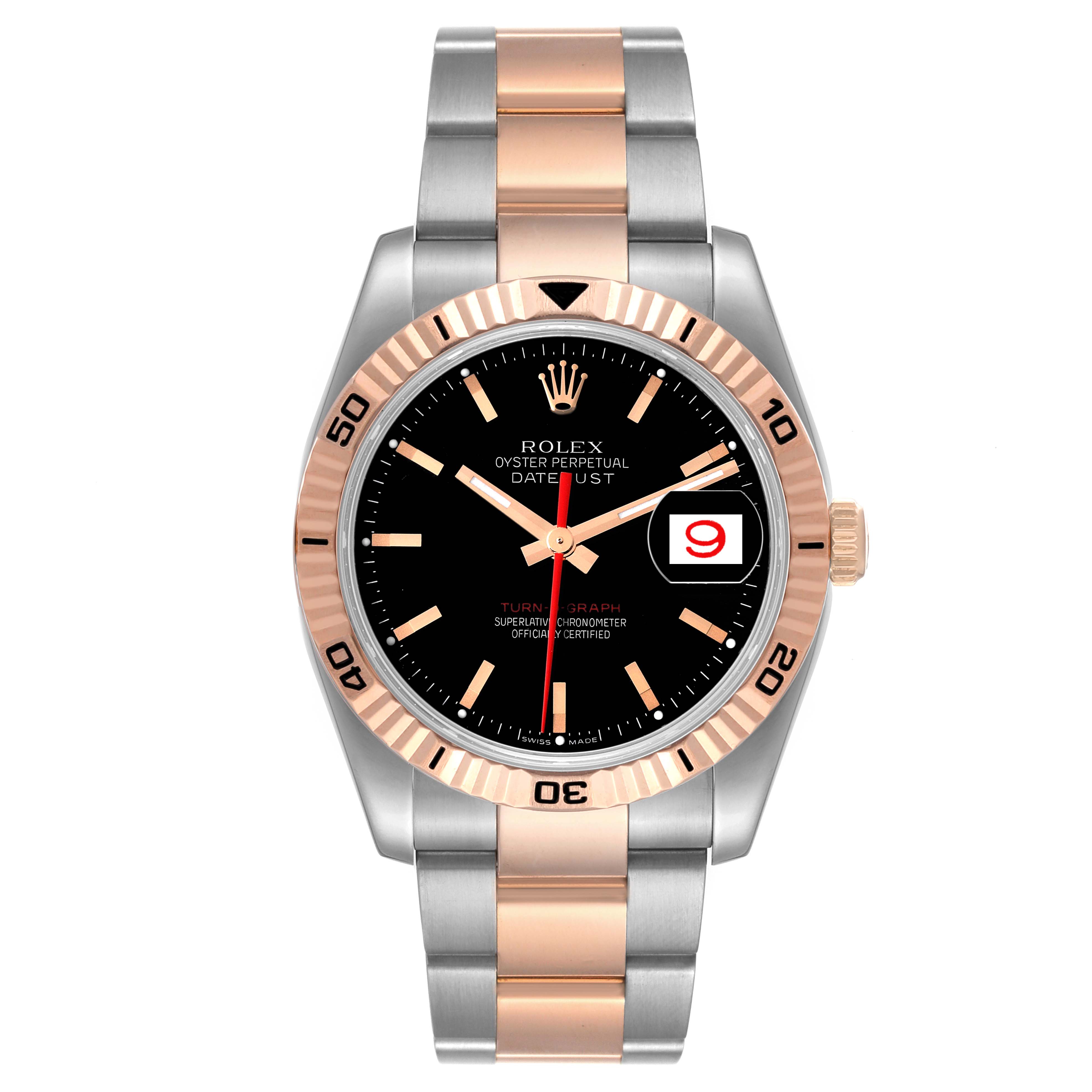 The image shows a frontal view of a Rolex Turn-o-Graph 116261 Men's Steel and Gold (two tone) Black Dial 116261 Men's Steel and Gold (two tone) Black Dial watch, highlighting the dial, bezel, and two-tone bracelet.