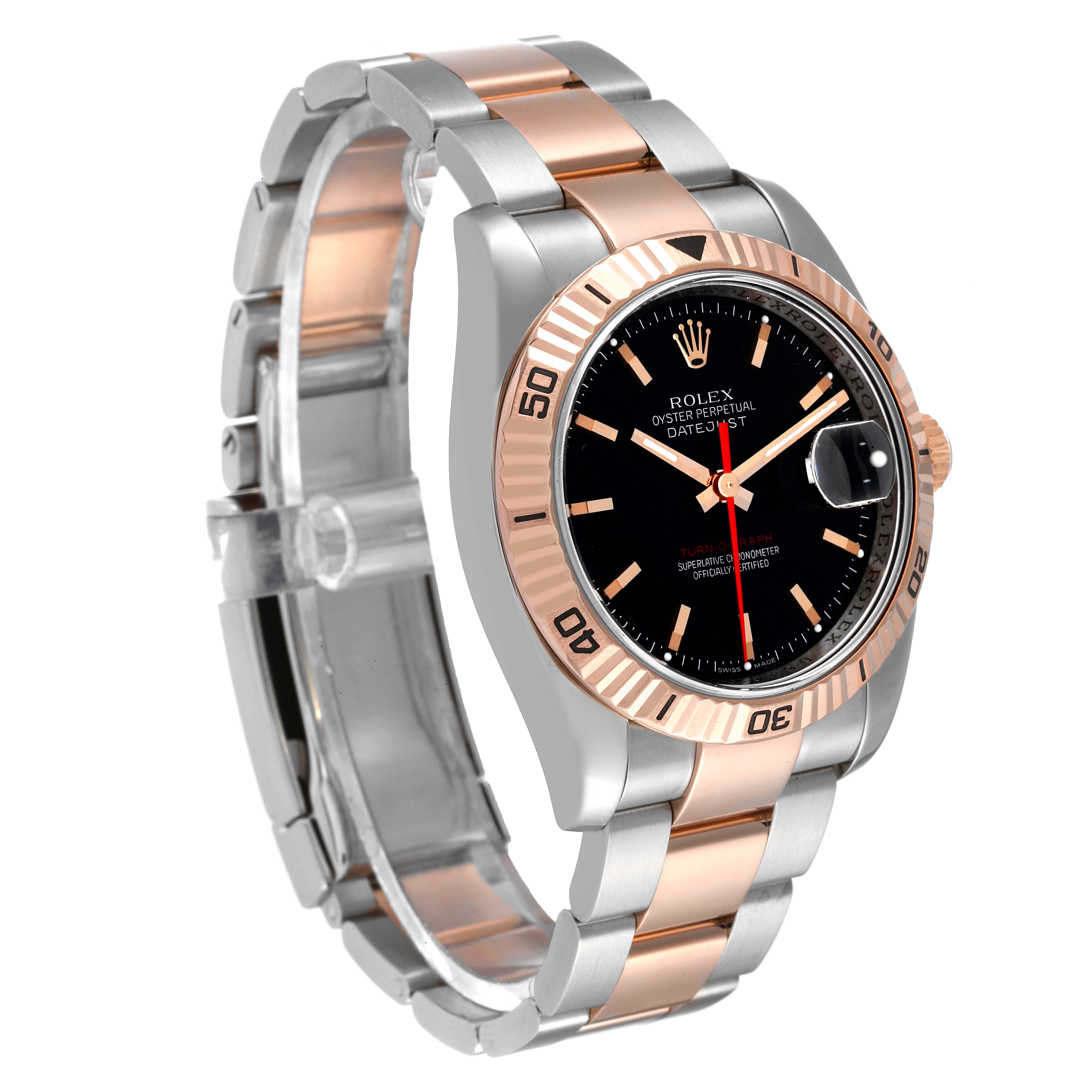 The image shows a side angle of a Rolex Turn-o-Graph 116261 Men's Steel and Gold (two tone) Black Dial 116261 Men's Steel and Gold (two tone) Black Dial watch, highlighting its two-tone bezel and bracelet.