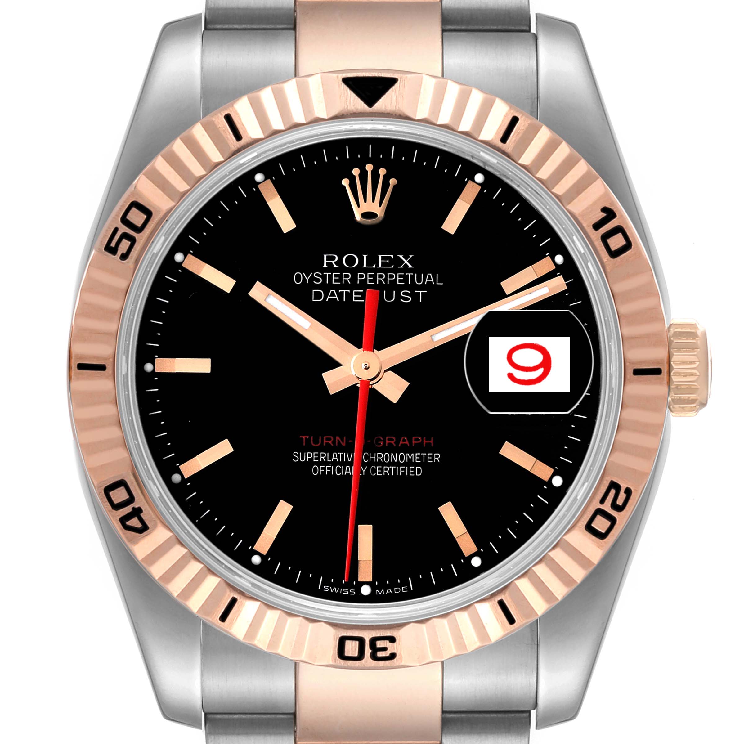The image shows a front view of the Rolex Turn-o-Graph 116261 Men's Steel and Gold (two tone) Black Dial 116261 Men's Steel and Gold (two tone) Black Dial, highlighting its dial, bezel, crown, and part of the bracelet.
