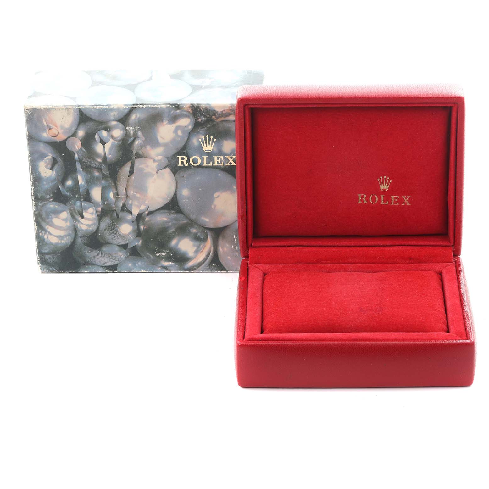 The image shows a red Rolex Datejust 69173 Women's Steel and Gold (two tone) White Dial 69173 Women's Steel and Gold (two tone) White Dial watch box with branding, alongside a decorative outer box.