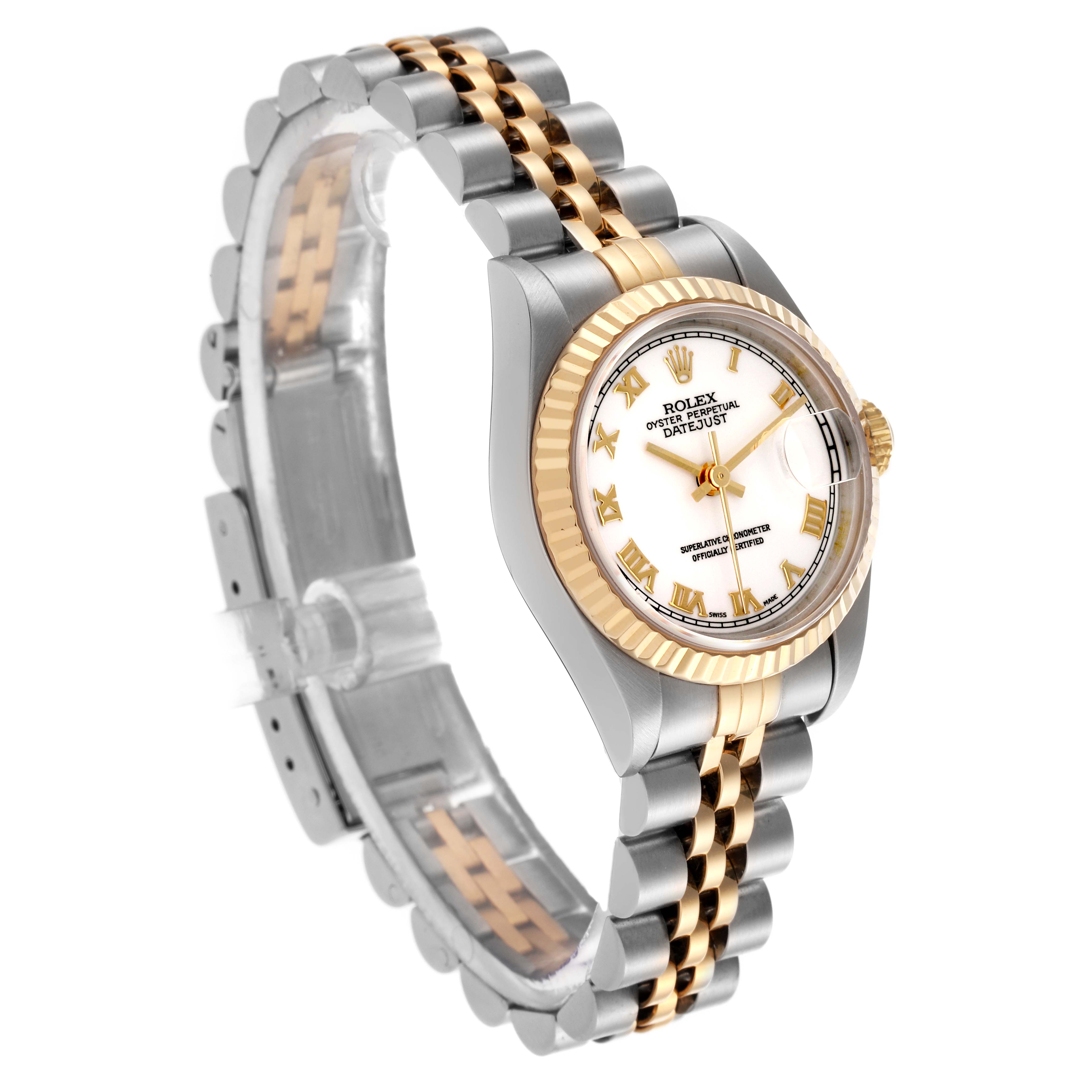 The Rolex Datejust 69173 Women's Steel and Gold (two tone) White Dial 69173 Women's Steel and Gold (two tone) White Dial watch is shown at a diagonal angle, highlighting the face, bezel, and two-tone bracelet.