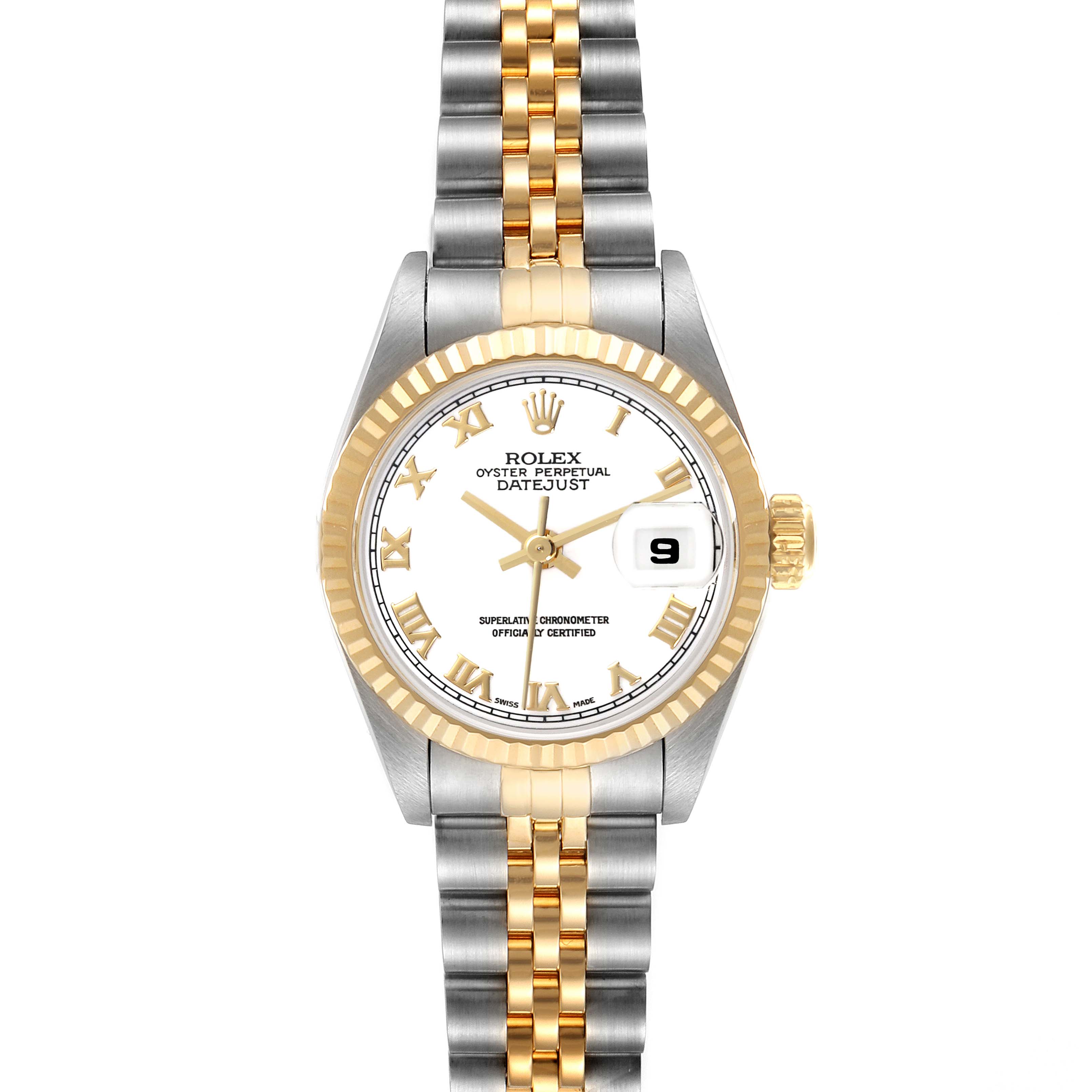 The Rolex Datejust 69173 Women's Steel and Gold (two tone) White Dial 69173 Women's Steel and Gold (two tone) White Dial watch is shown from a front angle, displaying its dial, bezel, and bracelet.