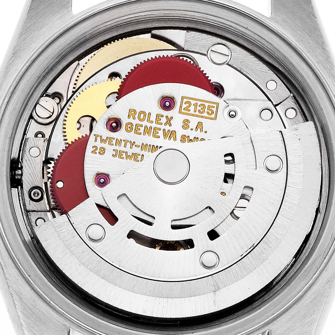 The image shows the movement of a Rolex Datejust 69173 Women's Steel and Gold (two tone) White Dial 69173 Women's Steel and Gold (two tone) White Dial watch with visible gears and jewels, viewed from the back.