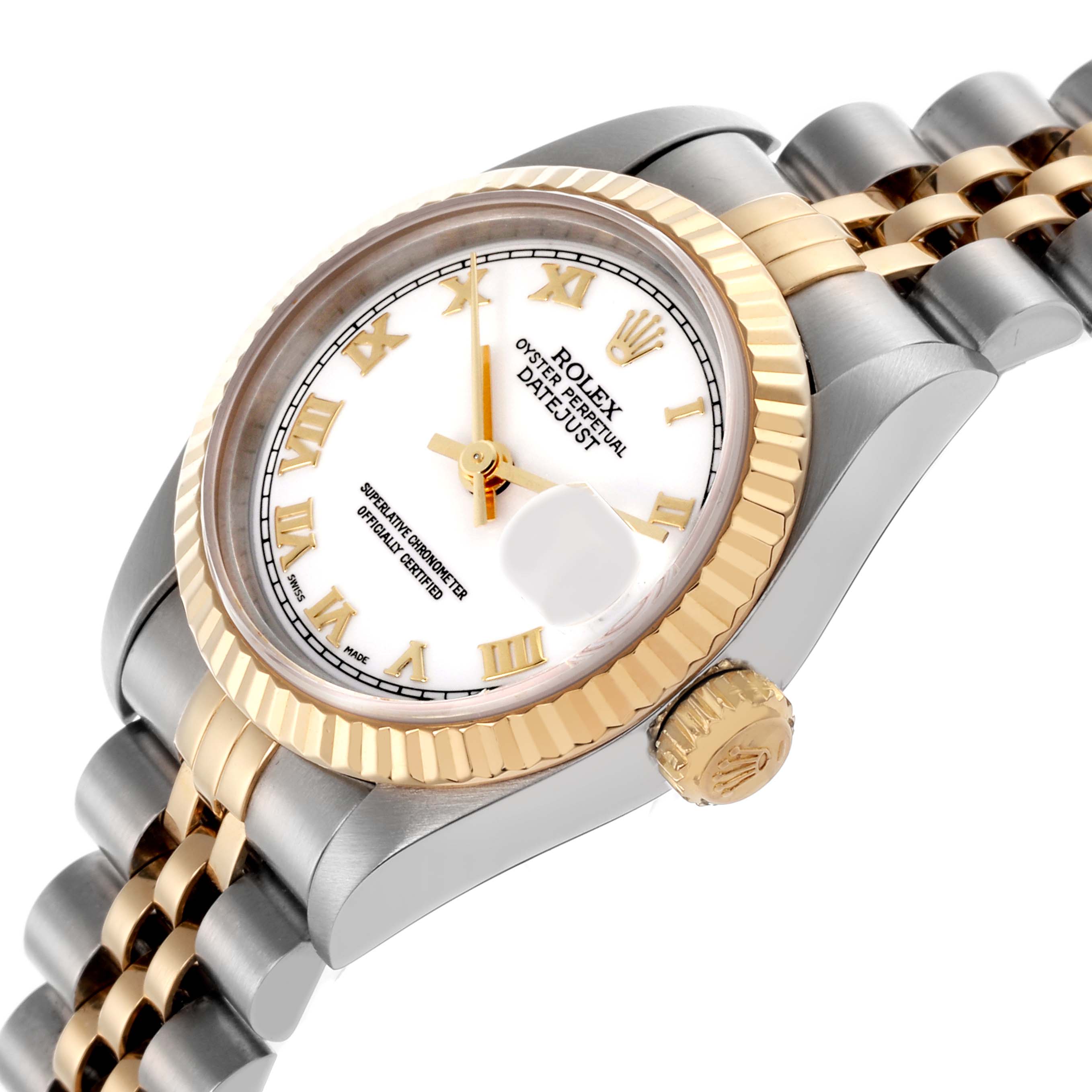 The Rolex Datejust 69173 Women's Steel and Gold (two tone) White Dial 69173 Women's Steel and Gold (two tone) White Dial watch is shown at an angled side view, highlighting the case, bezel, dial, and bracelet.
